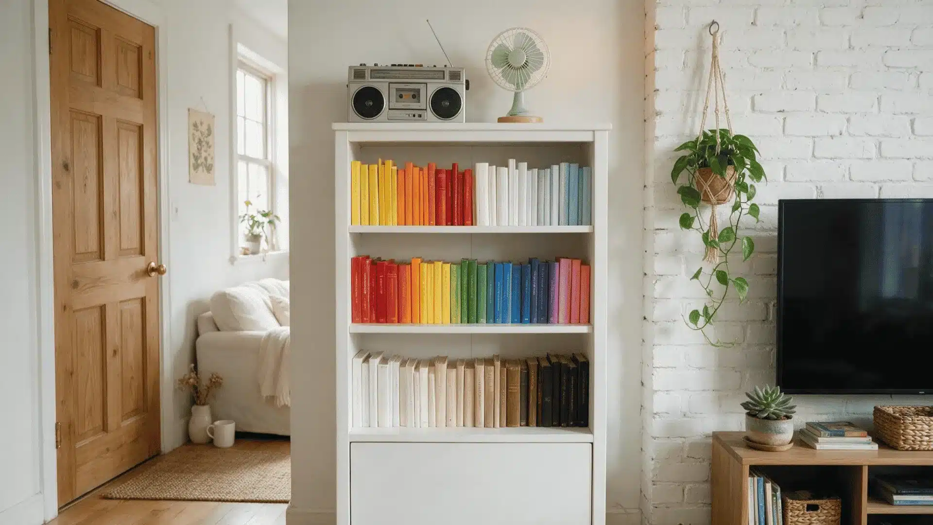 White bookshelf with color-coordinated books, a retro boombox, and plants.