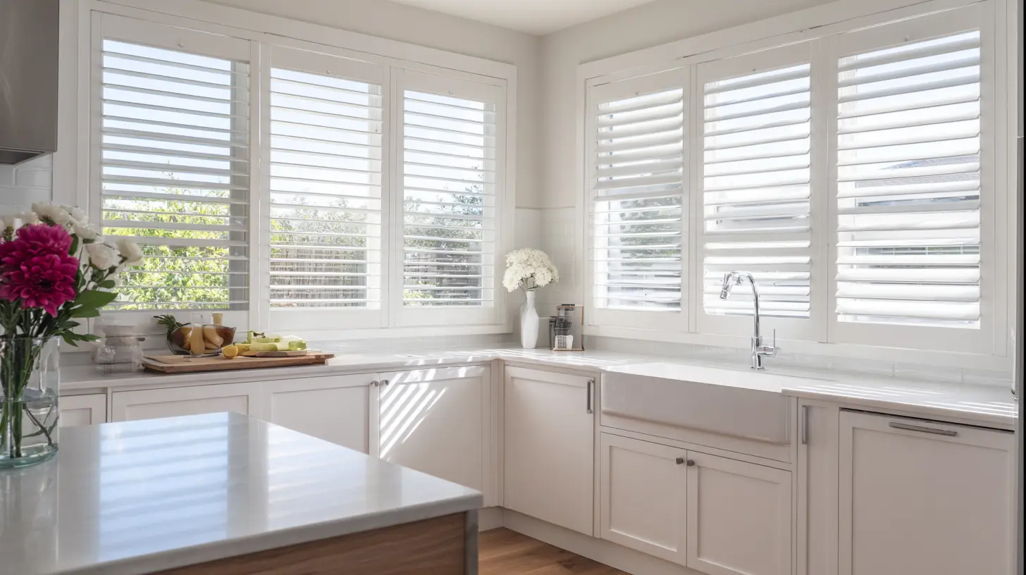 White kitchen with plantation shutters farmhouse sink white cabinetry and bright natural light through large windows