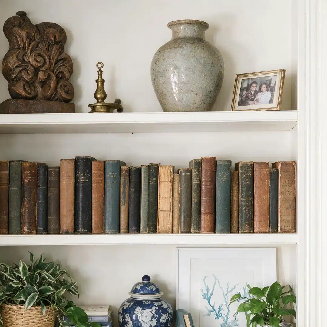 White shelves displaying antique books, a ceramic vase, and house plants.