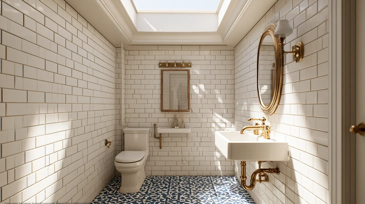 White subway-tiled bathroom with a toilet, pedestal sink, gold fixtures, oval mirror, skylight, and patterned floor tiles.