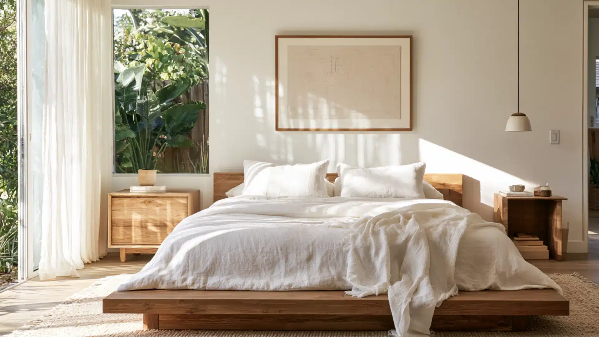 Minimal <echighlighted><echighlighted>boho bedroom</echighlighted></echighlighted> with a low wooden bed, white linen bedding, simple nightstands, soft sunlight, neutral art, and airy curtains.