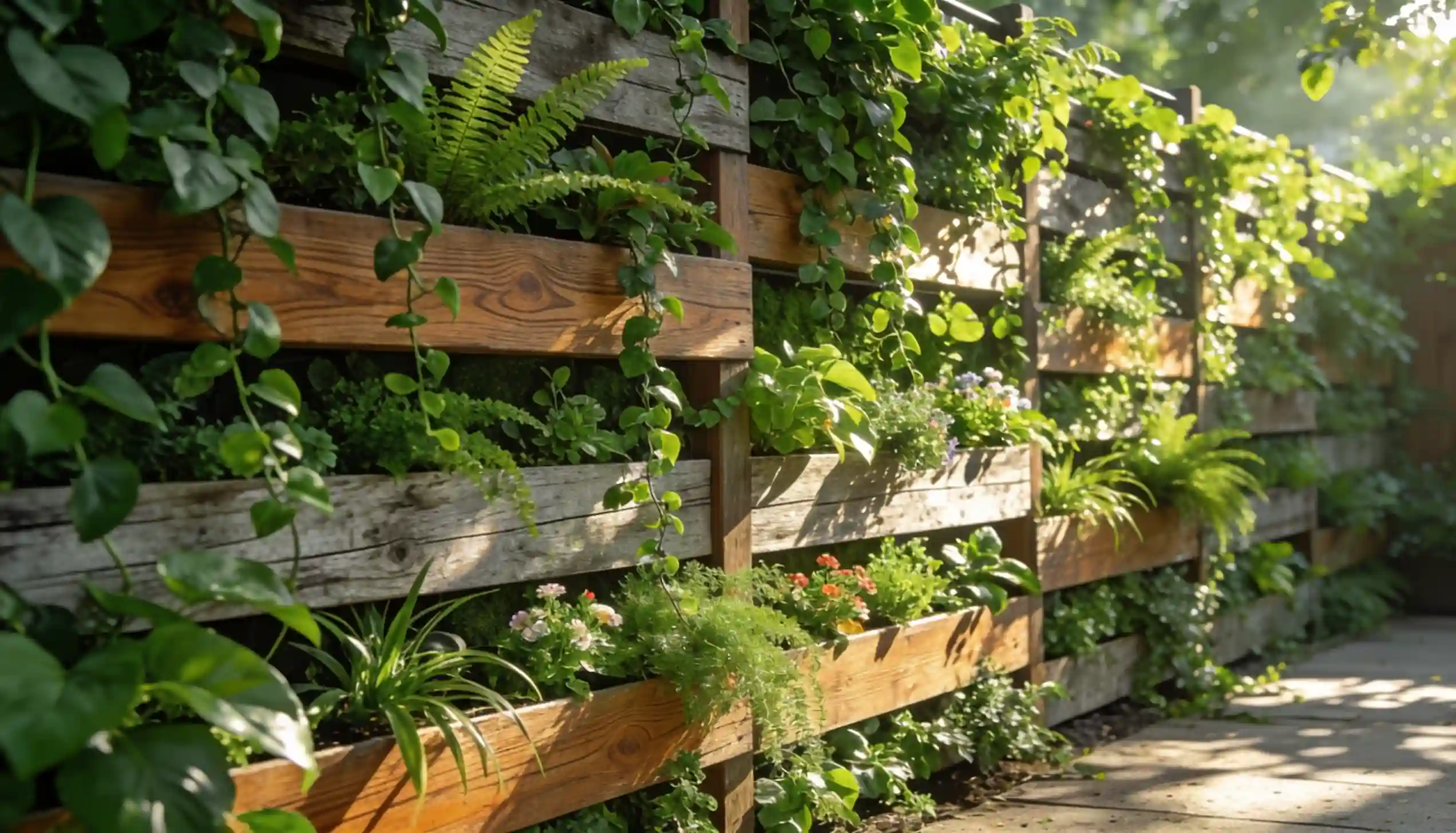 Wooden pallet garden wall overflowing with lush green plants and small flowers.