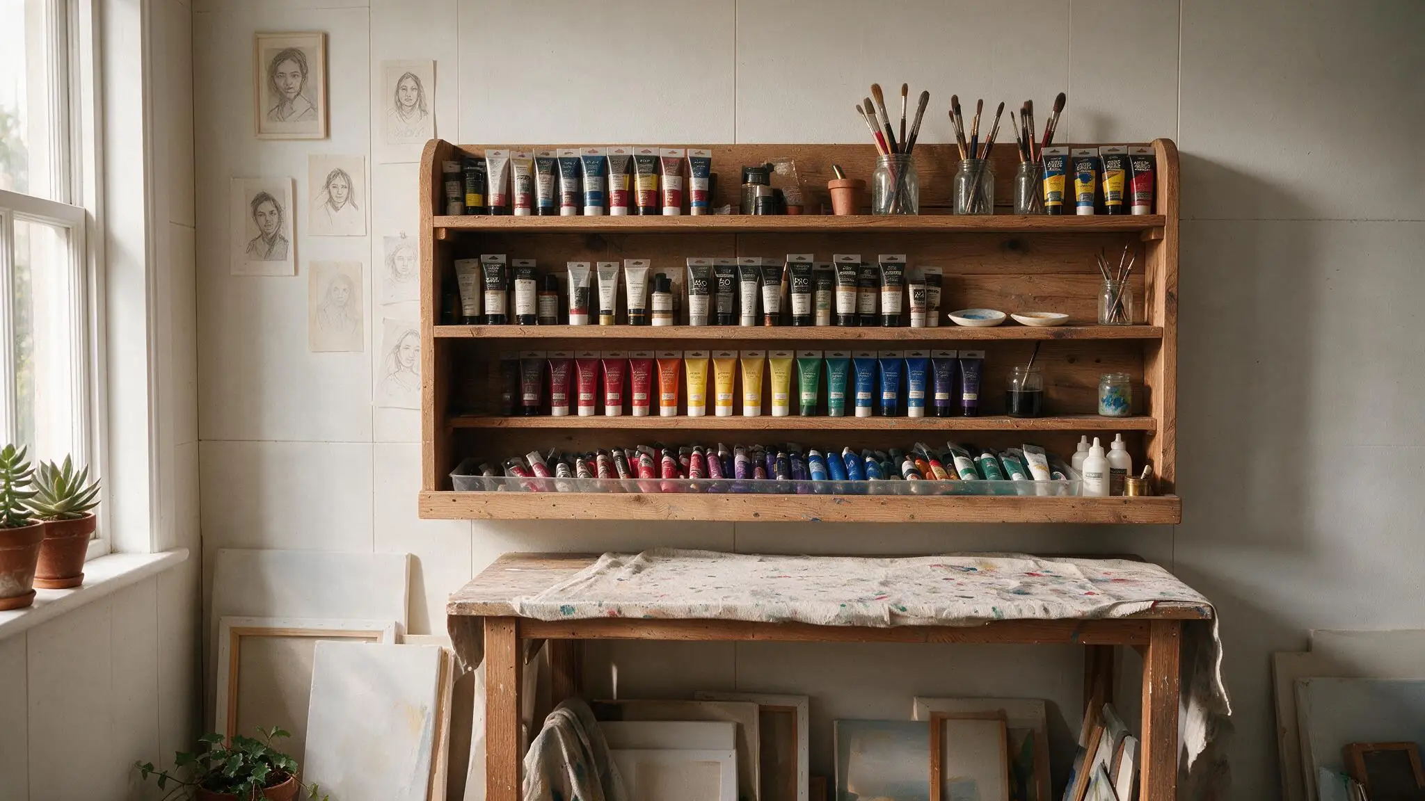 Wooden wall-mounted shelves filled with paint tubes, brushes, jars, and art supplies above a workbench in a bright artist studio.