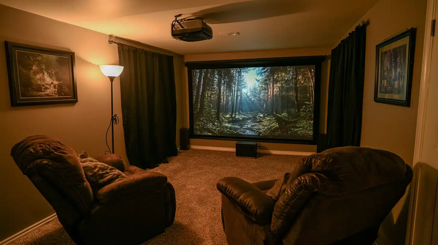 Dark cozy basement home theater with leather recliners large projection screen heavy curtains and warm ambient lighting