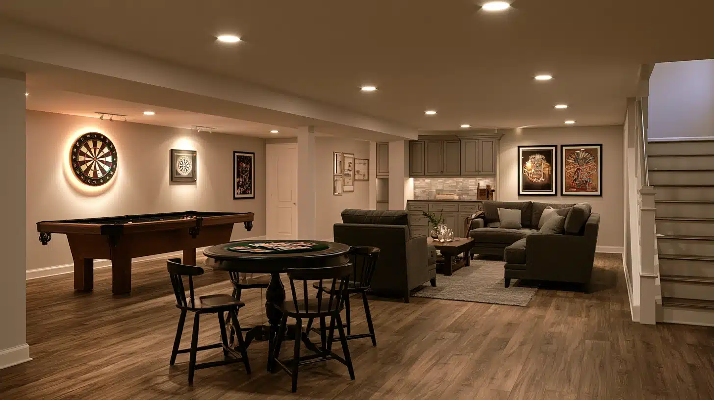 Spacious finished basement game room with pool table dartboard poker table sectional sofa kitchenette and wood flooring