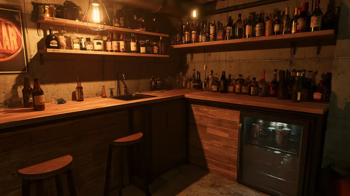Rustic basement bar with wood countertops open shelves bottles sink stools refrigerator and exposed concrete walls