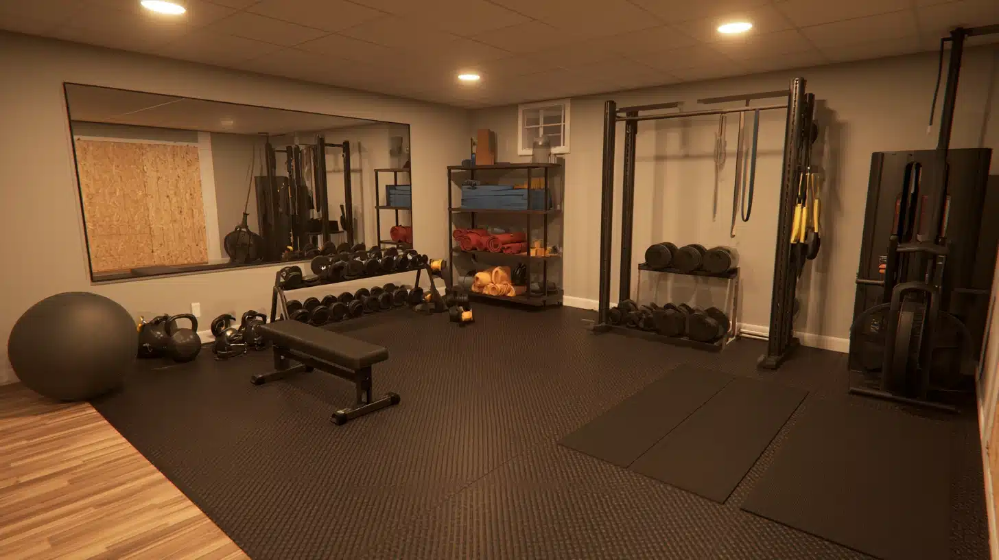 Dedicated basement home gym with weights racks bench resistance equipment mirrors rubber flooring and organized storage