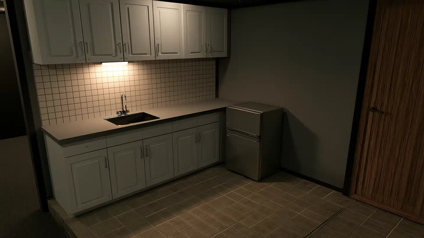 Compact basement kitchenette with white cabinets stainless mini fridge undermount sink tile backsplash and warm under cabinet lighting