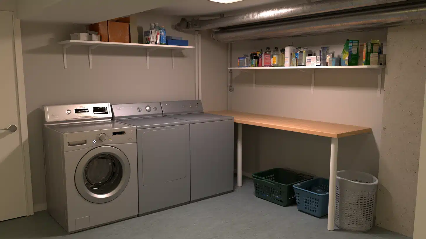 Basement laundry room with front load washer and dryer open shelving folding table and labeled bins for detergent storage