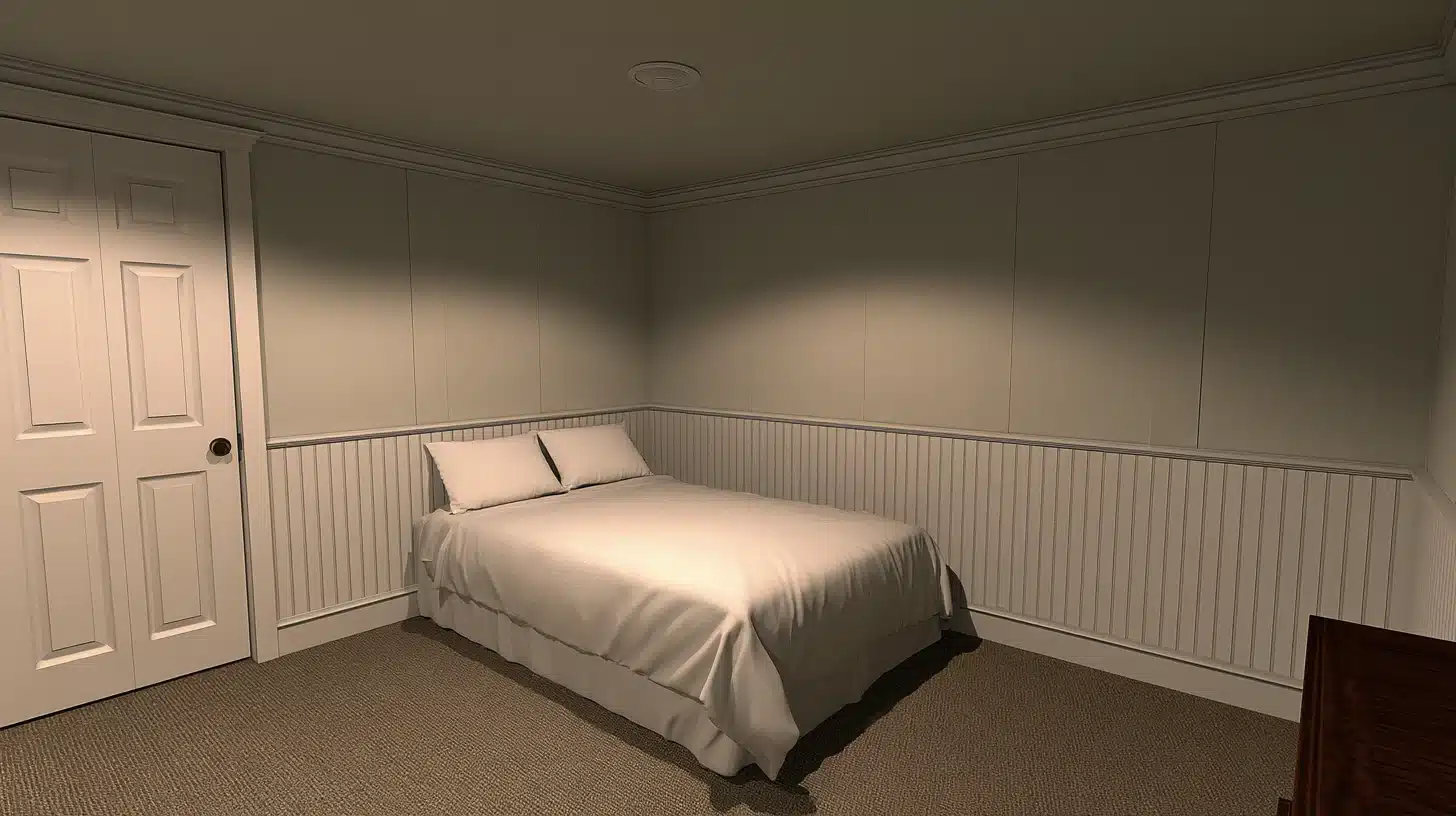 Legal basement bedroom with queen bed wainscoting closet and ceiling smoke detector for code compliant egress safety