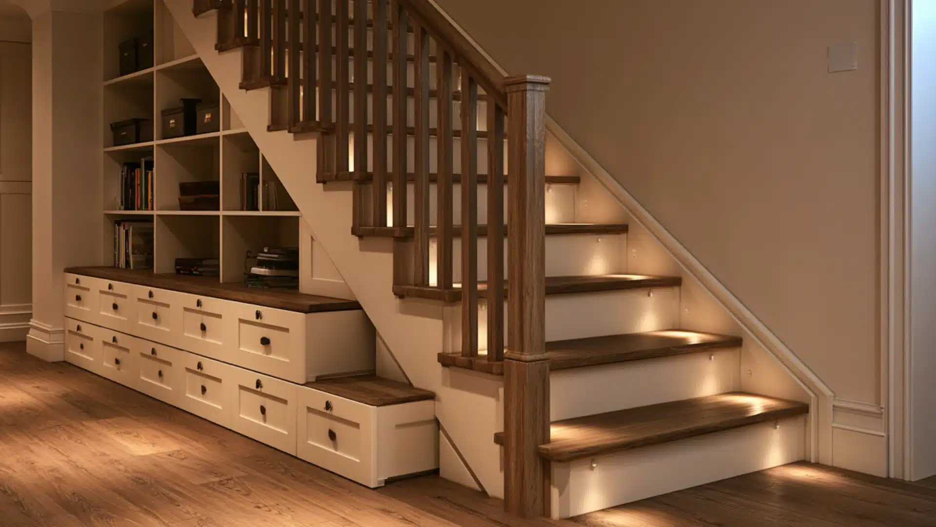 Built in under stair storage with open bookshelves drawers and wood staircase featuring integrated step lighting