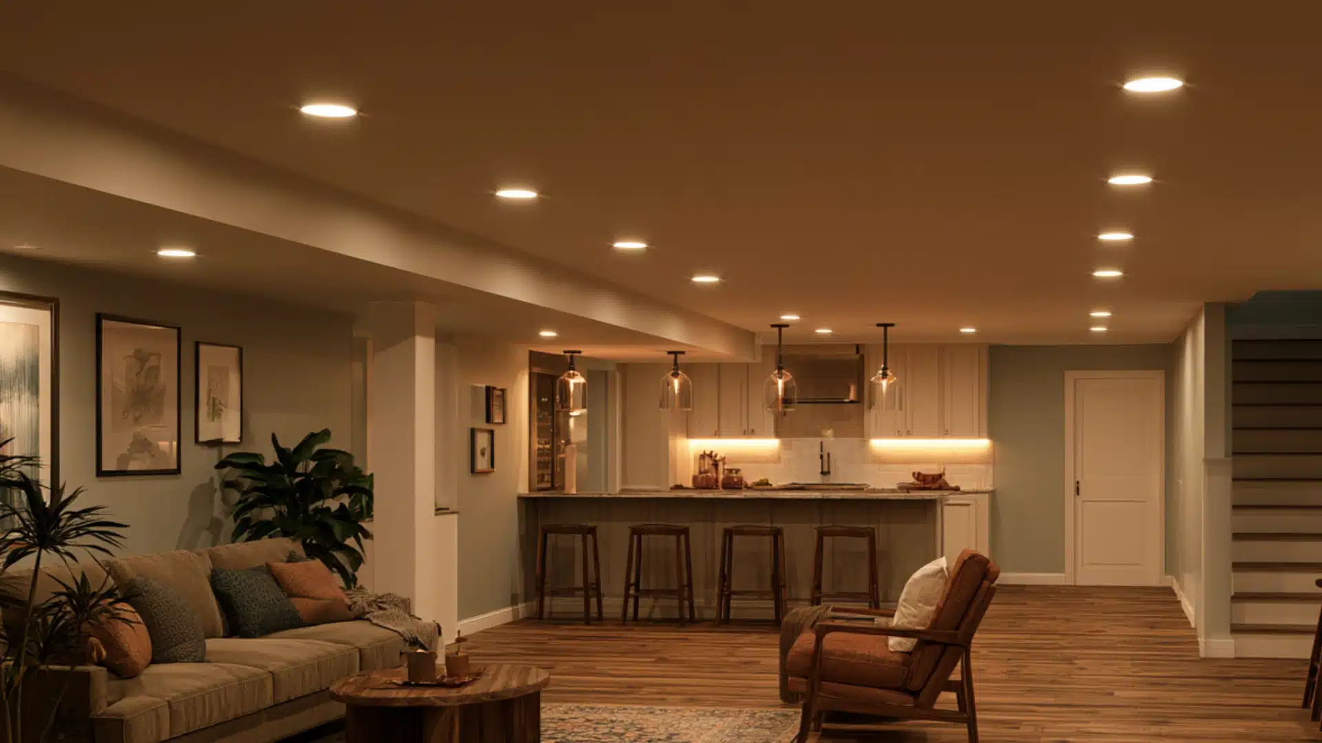 Open basement living and kitchen area lit by recessed ceiling cans pendant lights and under cabinet task lighting