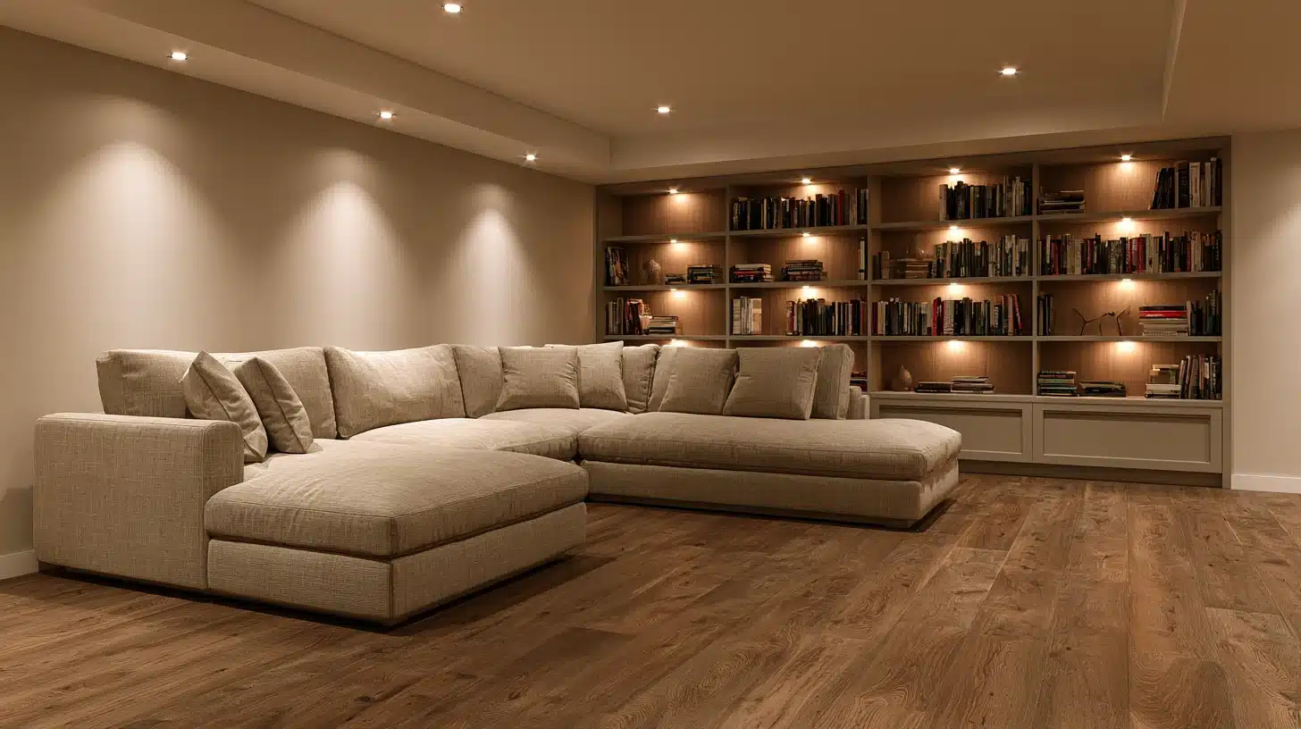 Basement lounge with beige sectional sofa built-in lit bookshelves and wide plank wood flooring