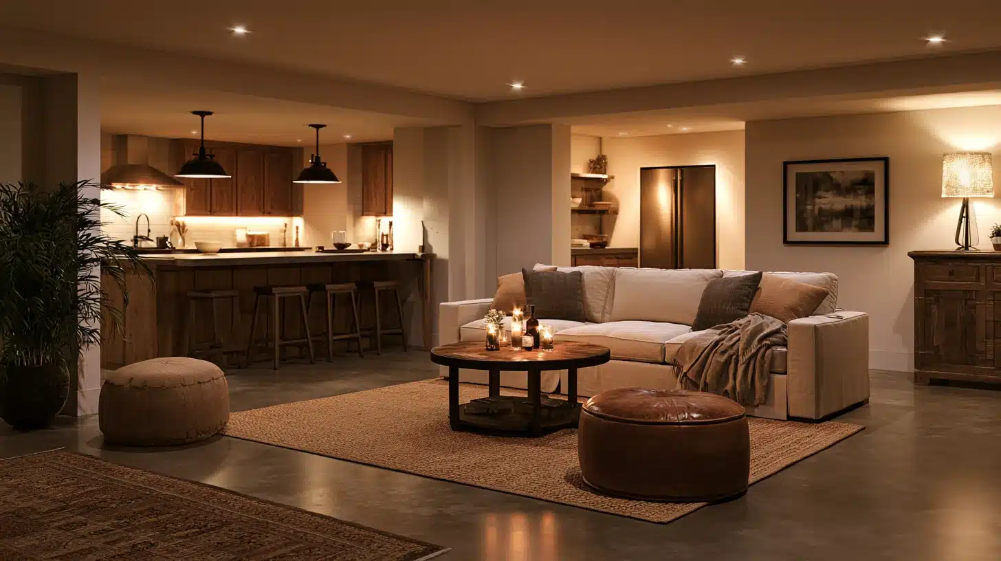 Warm basement living room with layered lighting sofa leather ottoman area rug and open kitchen with pendant lamps