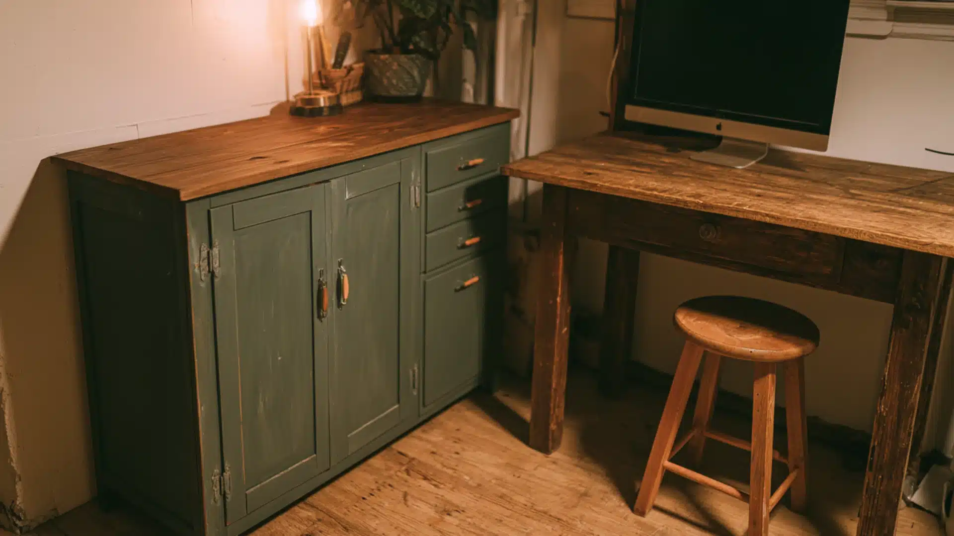 Warm rustic basement workspace with dark green cabinets reclaimed wood countertops desk computer and wooden stool