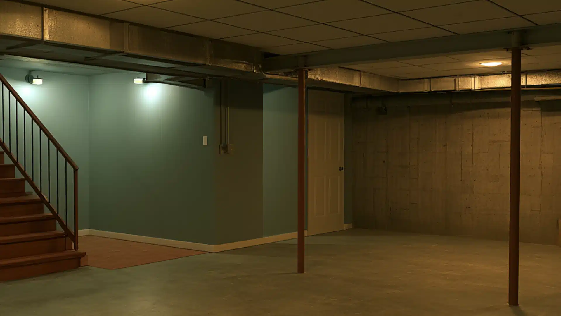 Partially finished basement with teal walls concrete foundation stairs support posts and an unfinished open floor area
