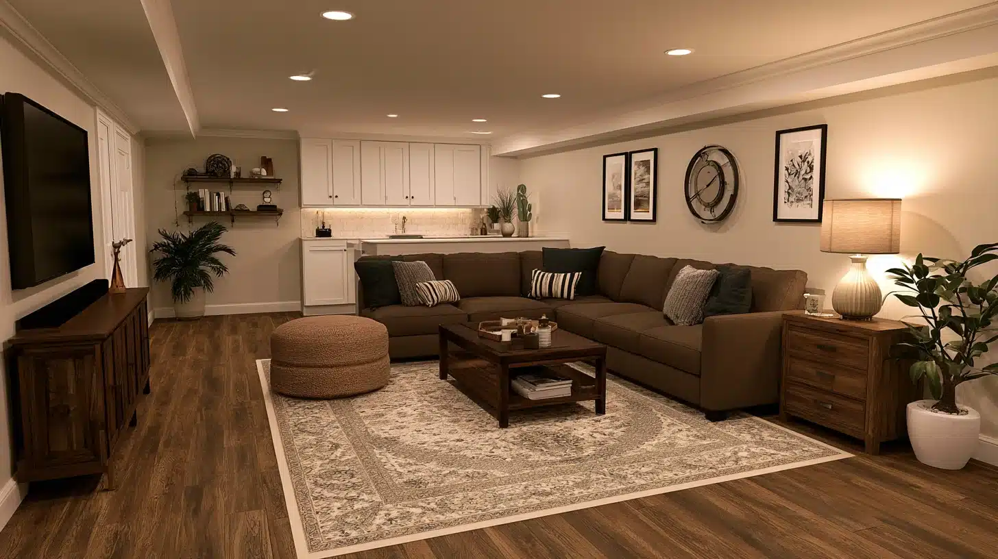 White painted basement staircase with wood handrail leading upstairs beside a narrow unfinished hallway and wood floor