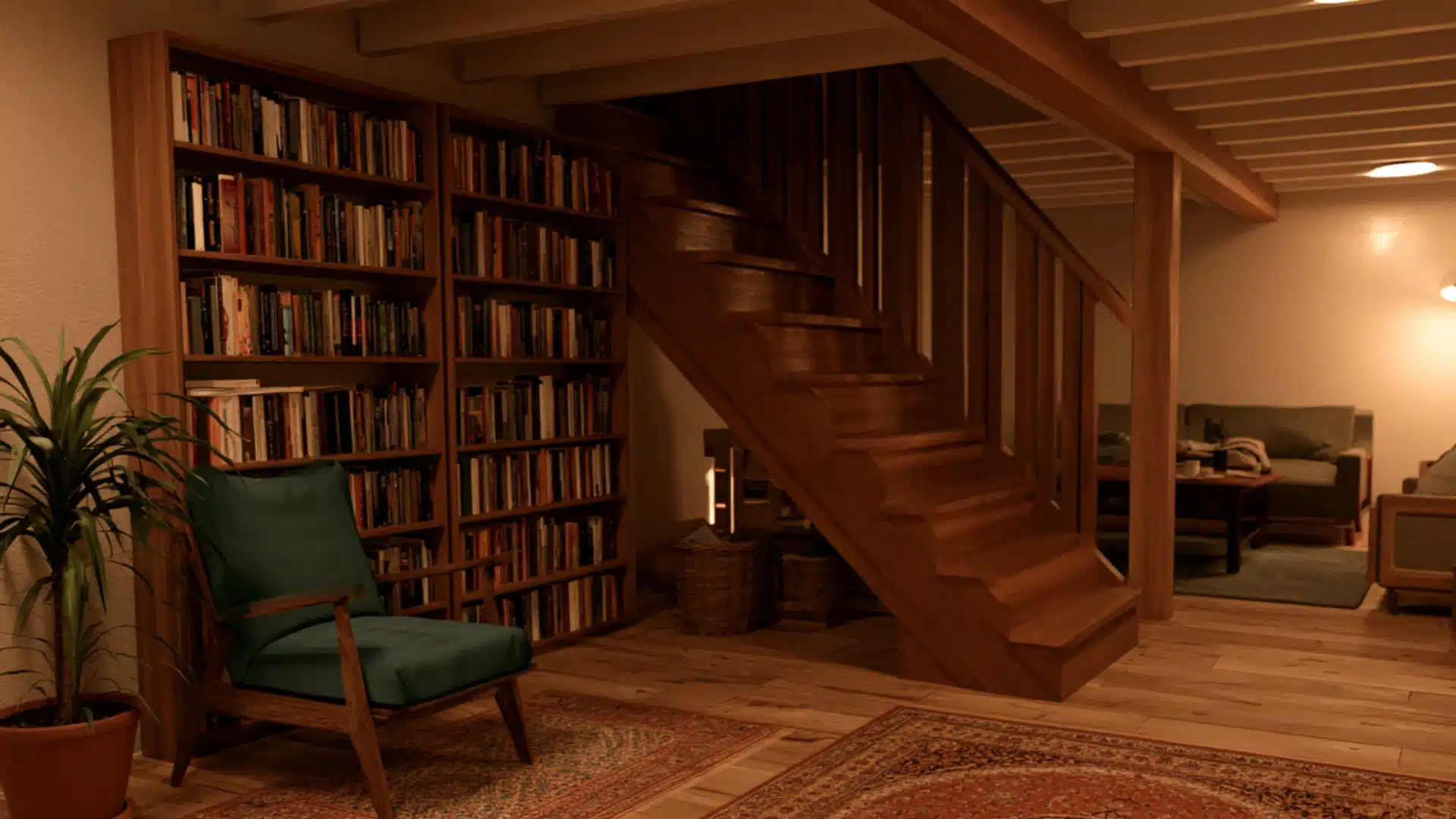 Rustic basement reading area with built in bookshelves wooden staircase green lounge chair and warm wood flooring