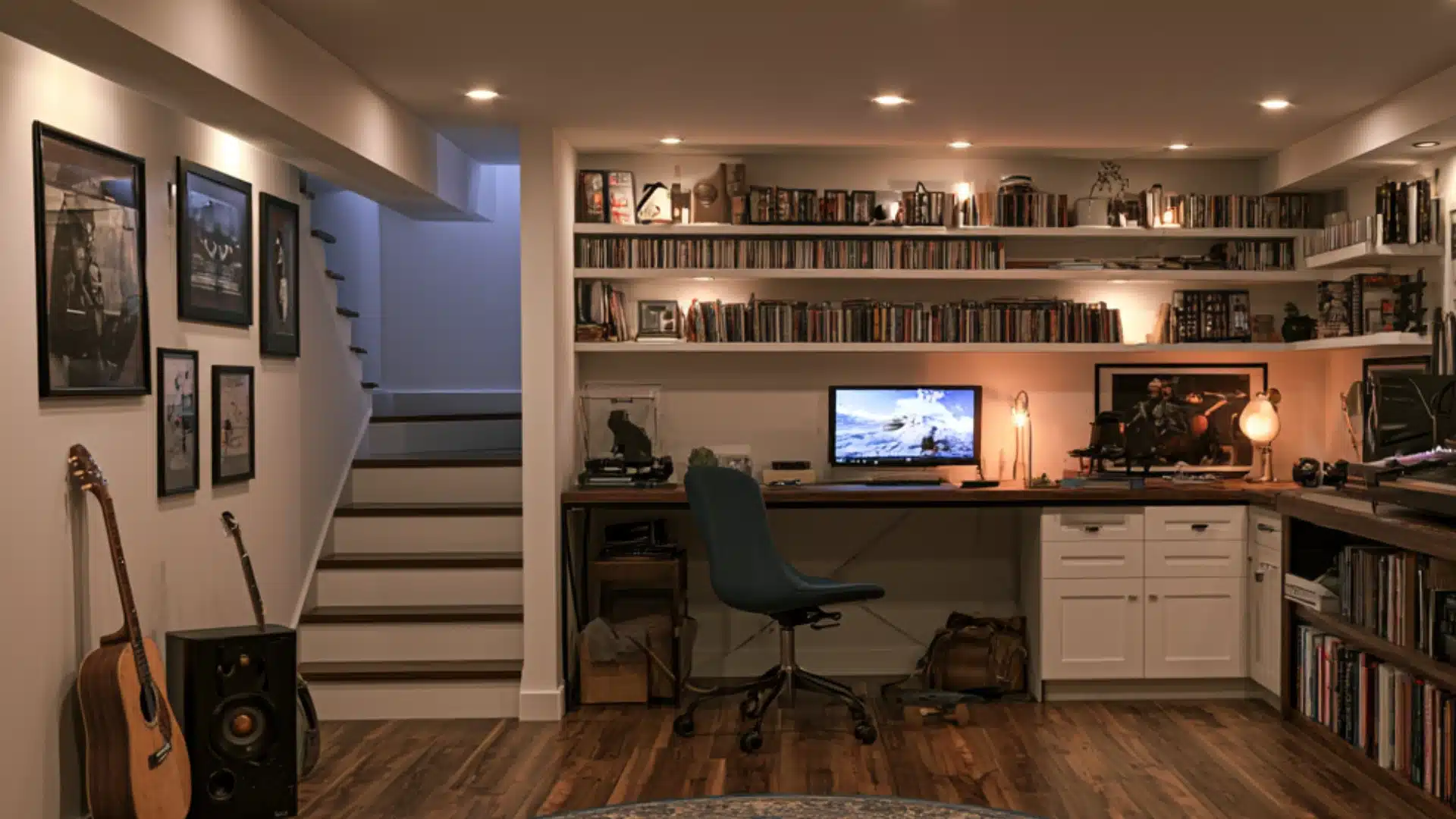 Finished basement office with built in bookshelves desk computer cabinets framed art guitar speaker and hardwood floors