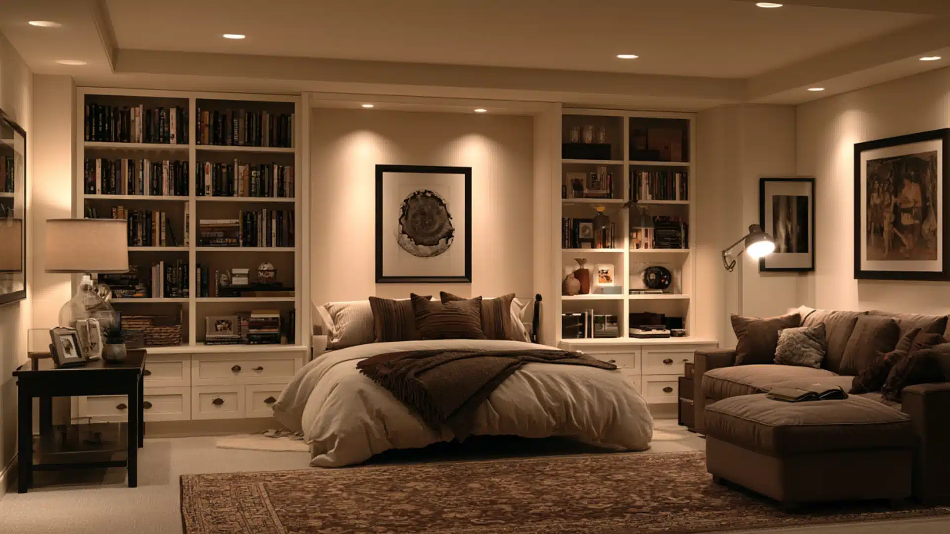 Warm finished basement bedroom with upholstered bed built in bookshelves seating area framed art and recessed lighting
