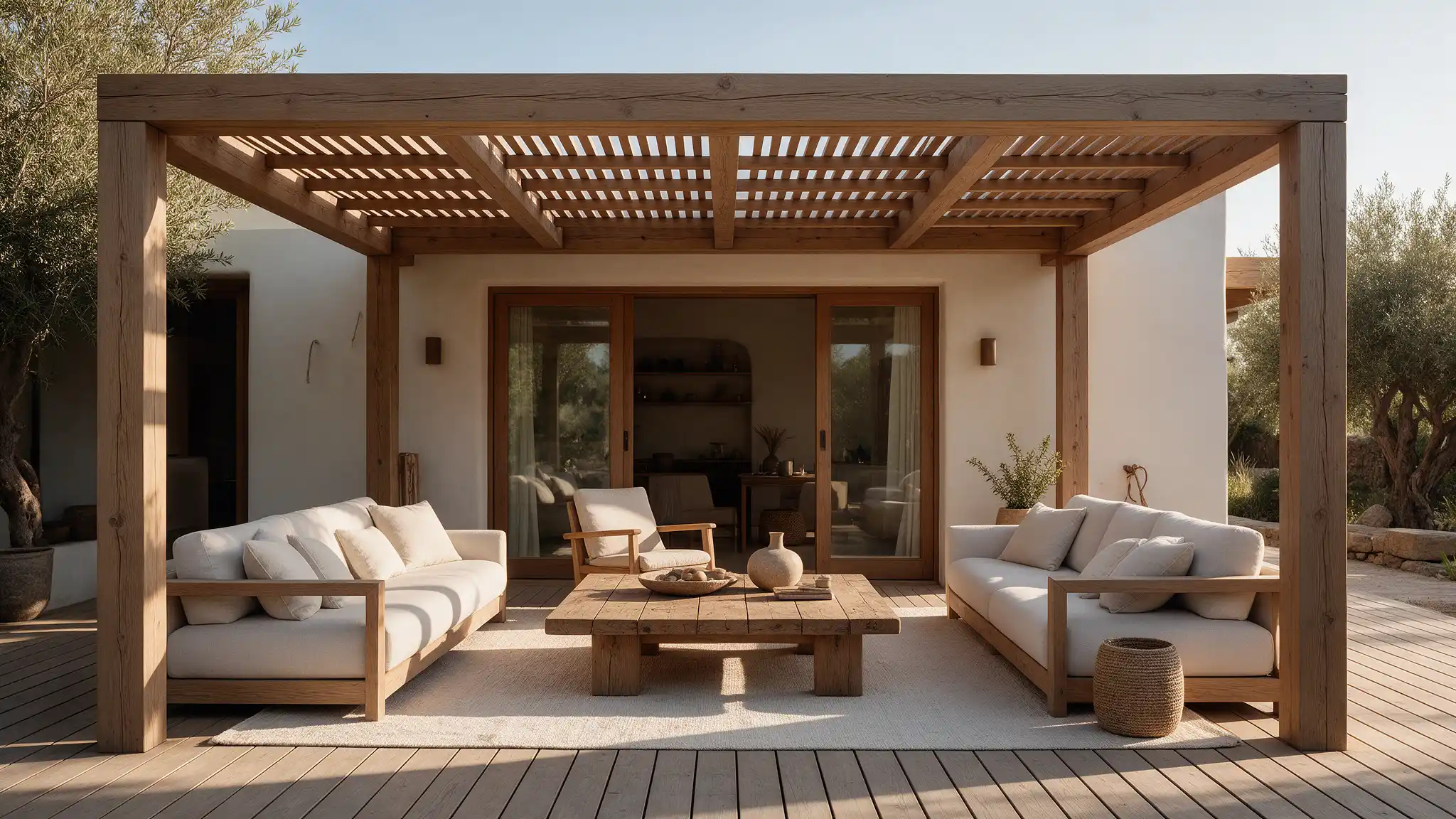 Modern wooden pergola attached to a house over cushioned sofas wood table woven rug and a bright open patio area