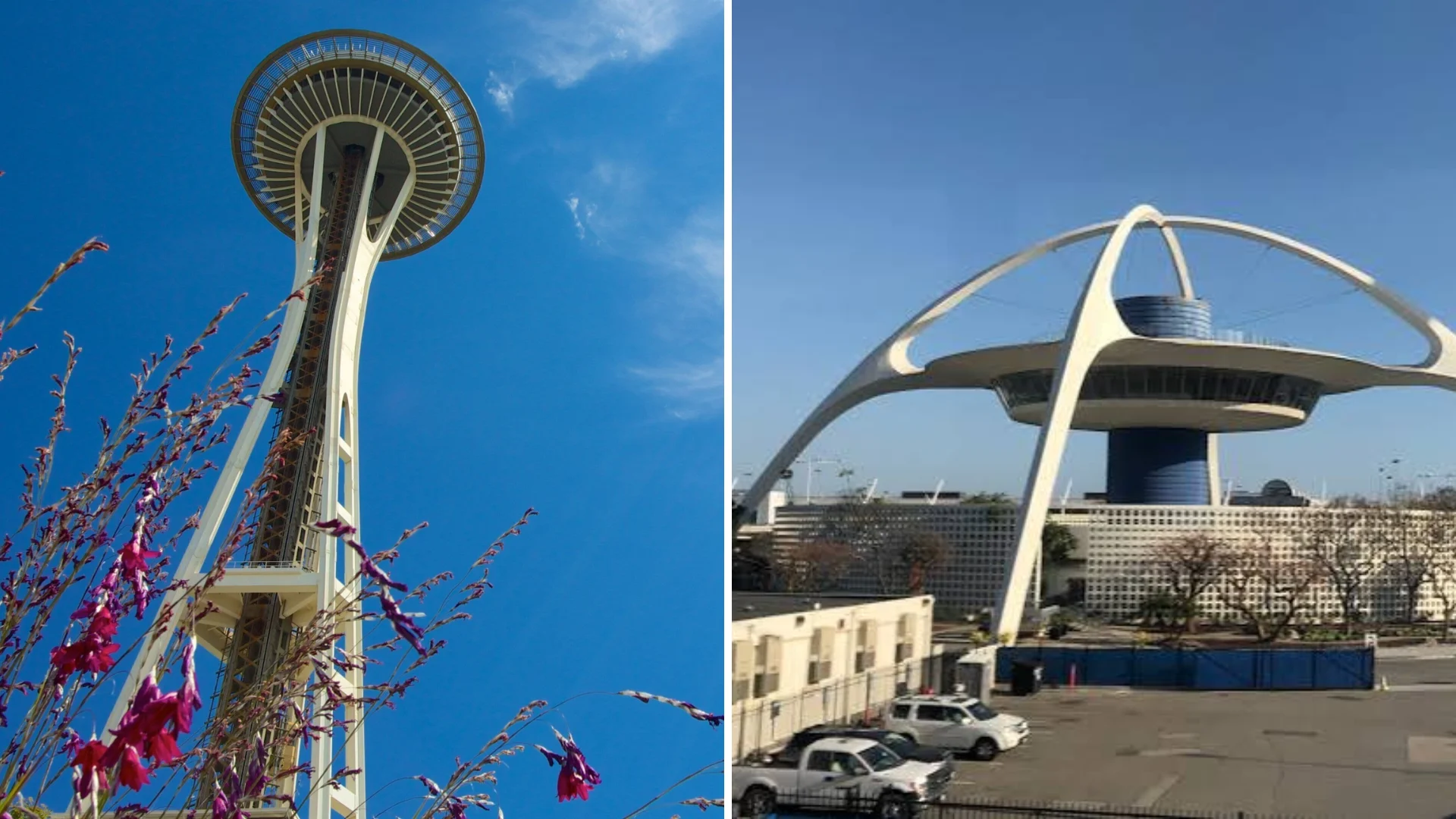 Collage of futuristic Googie landmarks featuring a tall observation tower and arched airport structure under blue skies.