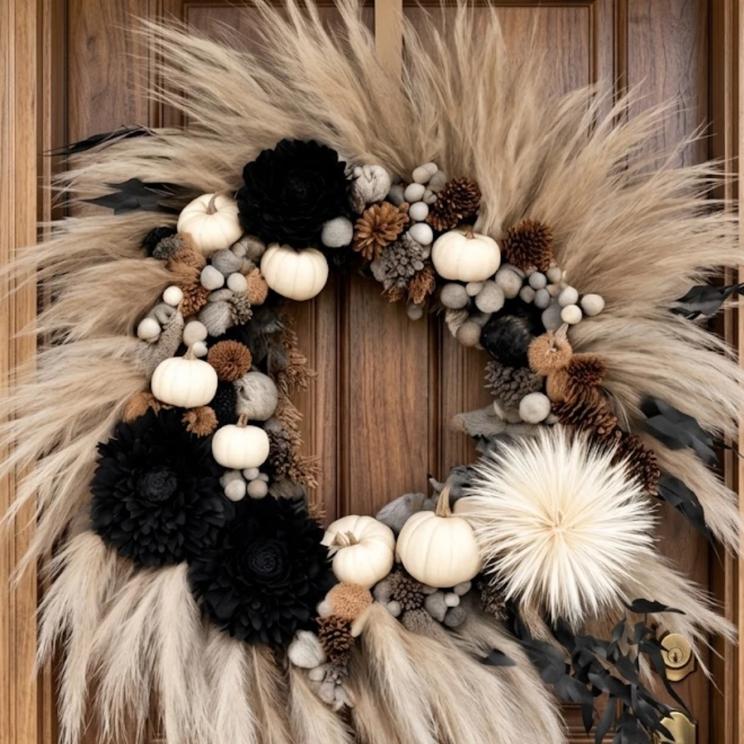 DIY fall wreath with white pumpkins, black flowers, pine cones, neutral berries, and pampas grass on a wooden front door.