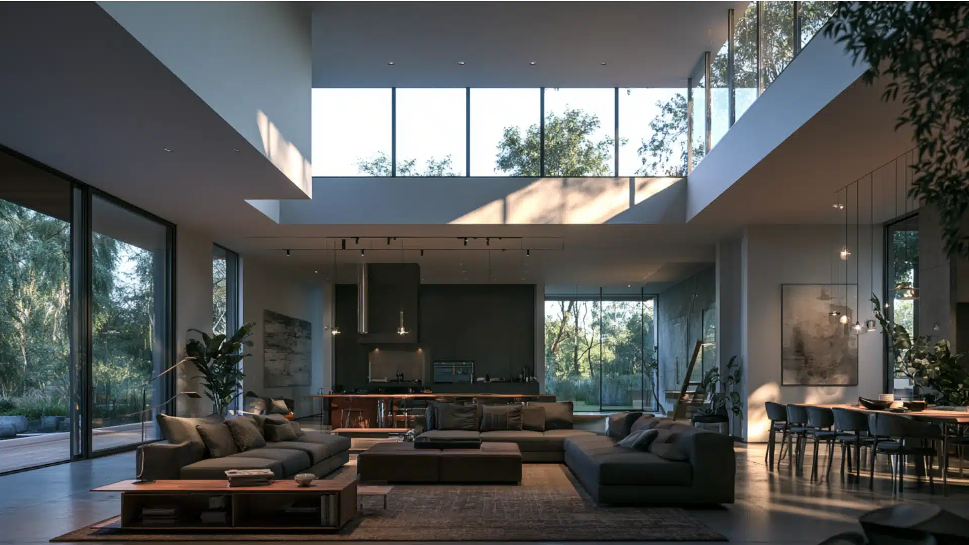 Clerestory windows emphasize height and architectural lines in a double-height interior.
