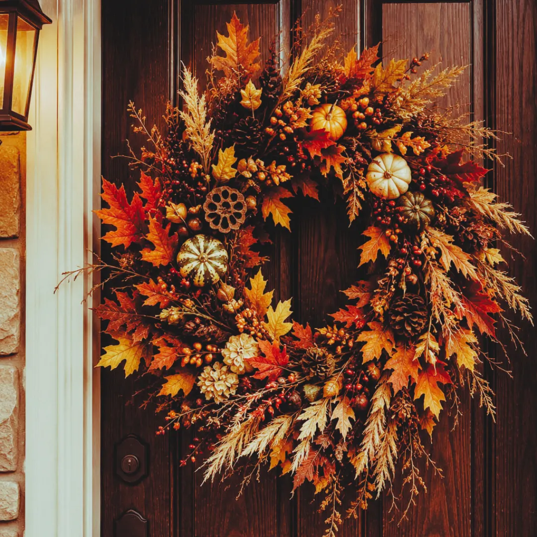 DIY fall wreath with orange and red leaves, mini pumpkins, pine cones, berries, and dried grasses on a dark wooden front door.