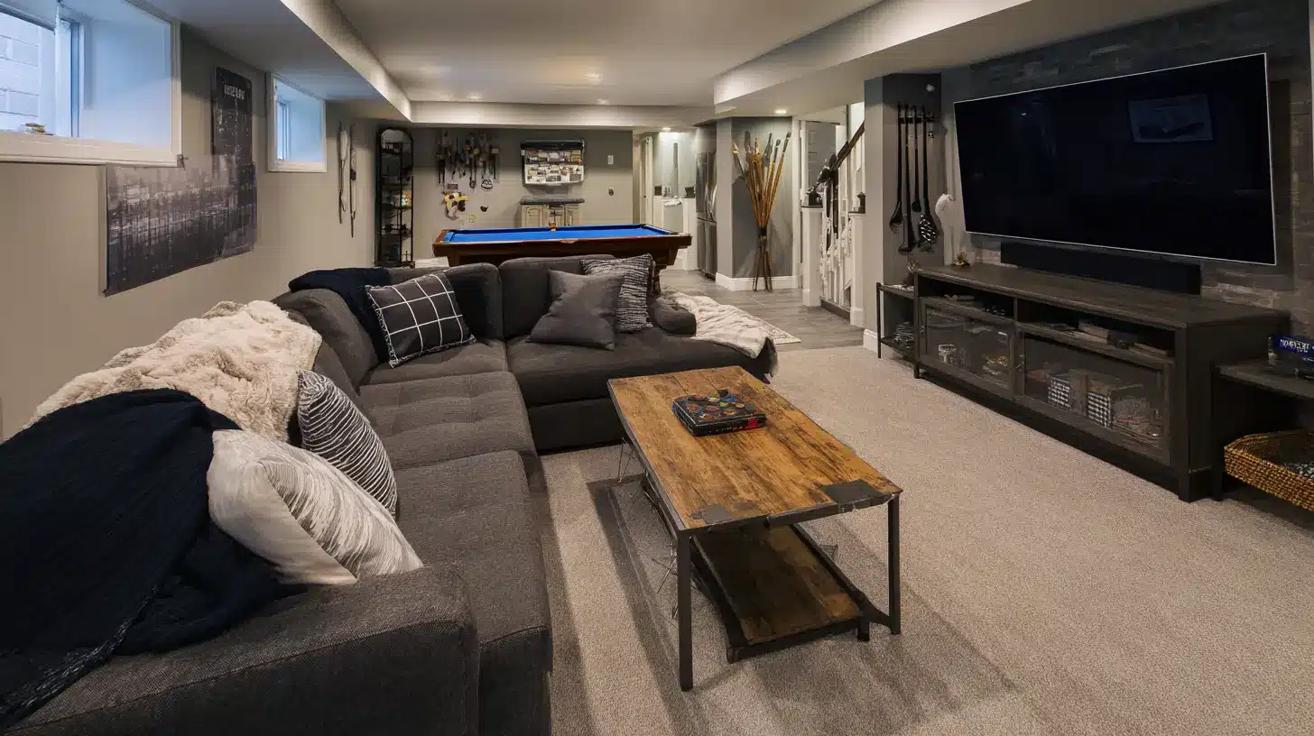 Basement man cave with sectional sofa pool table TV and entertainment area