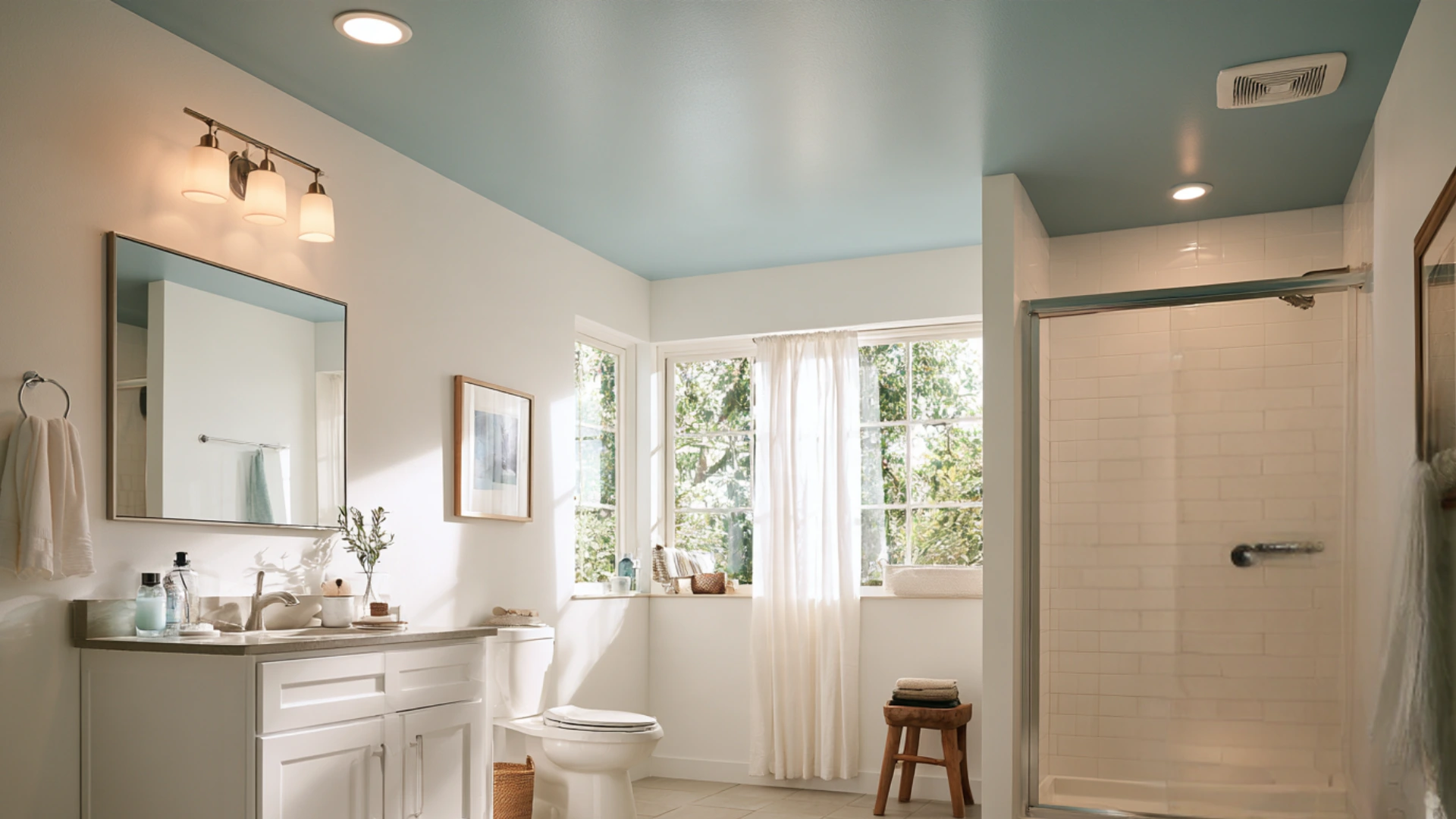 Bright bathroom with soft blue ceiling white vanity tiled shower large windows and warm natural light.