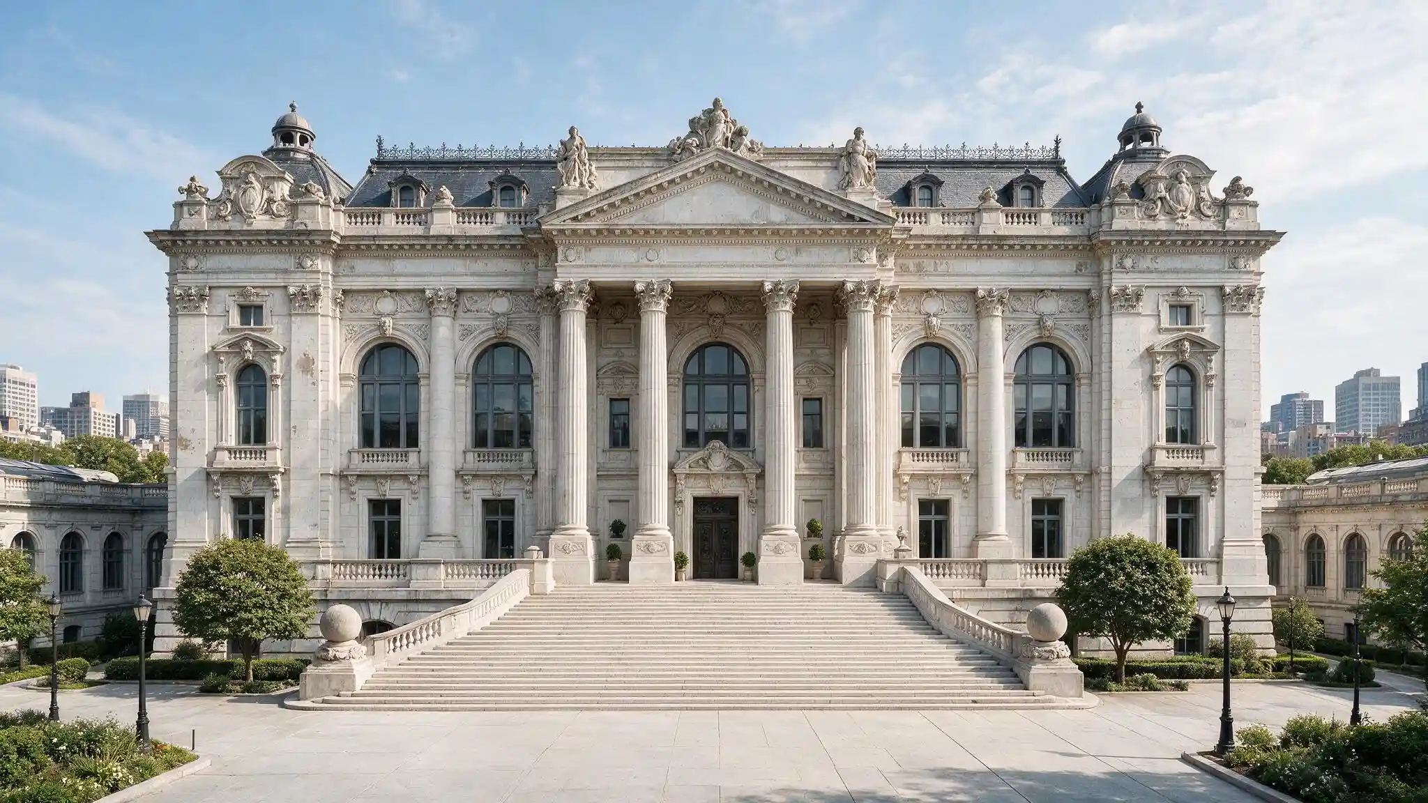 Beaux Arts building with symmetrical stone facade tall columns arched windows broad steps and ornate roof sculptures