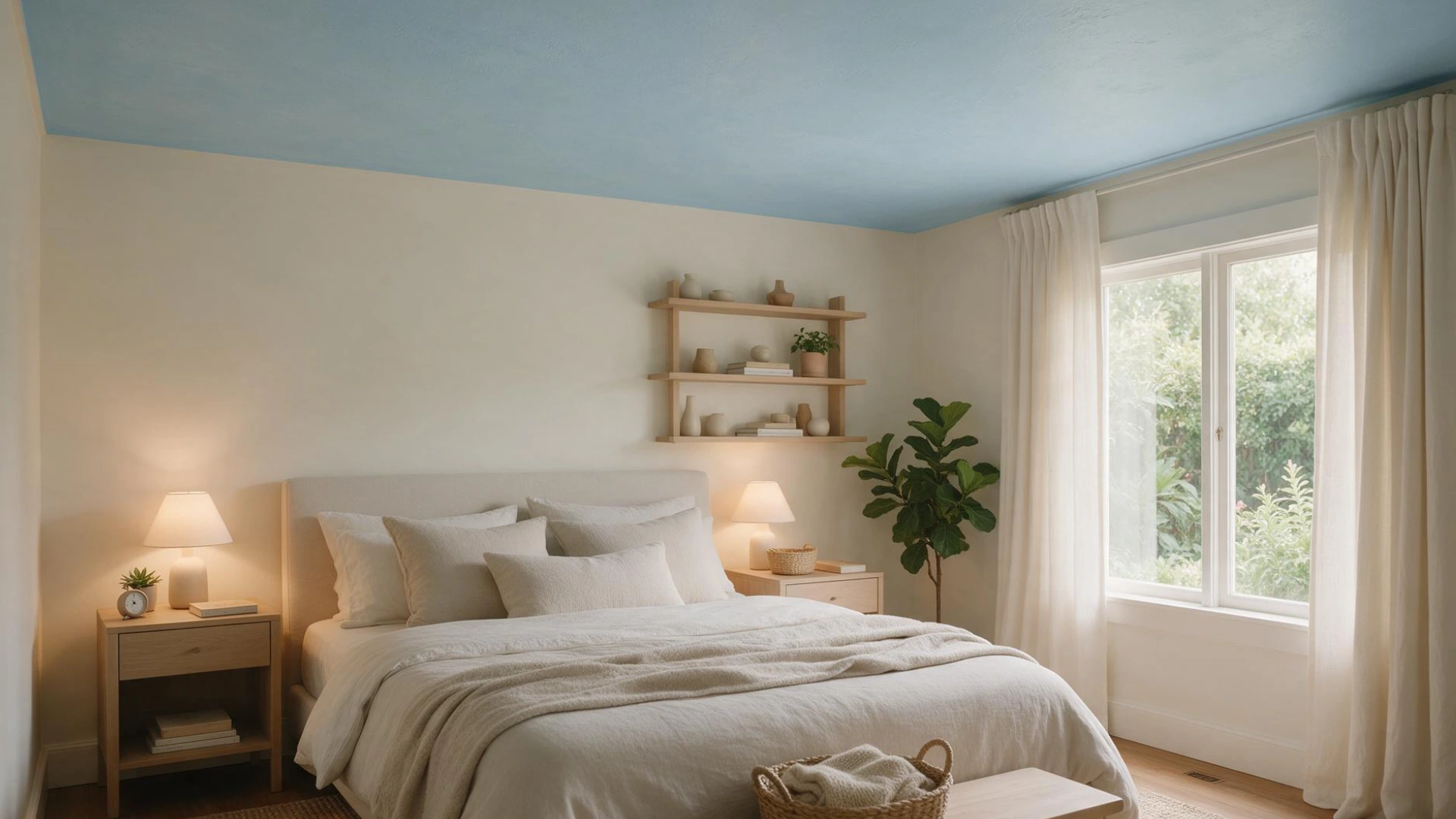 Calm bedroom with soft blue ceiling white bedding light wood furniture large window and green plant.