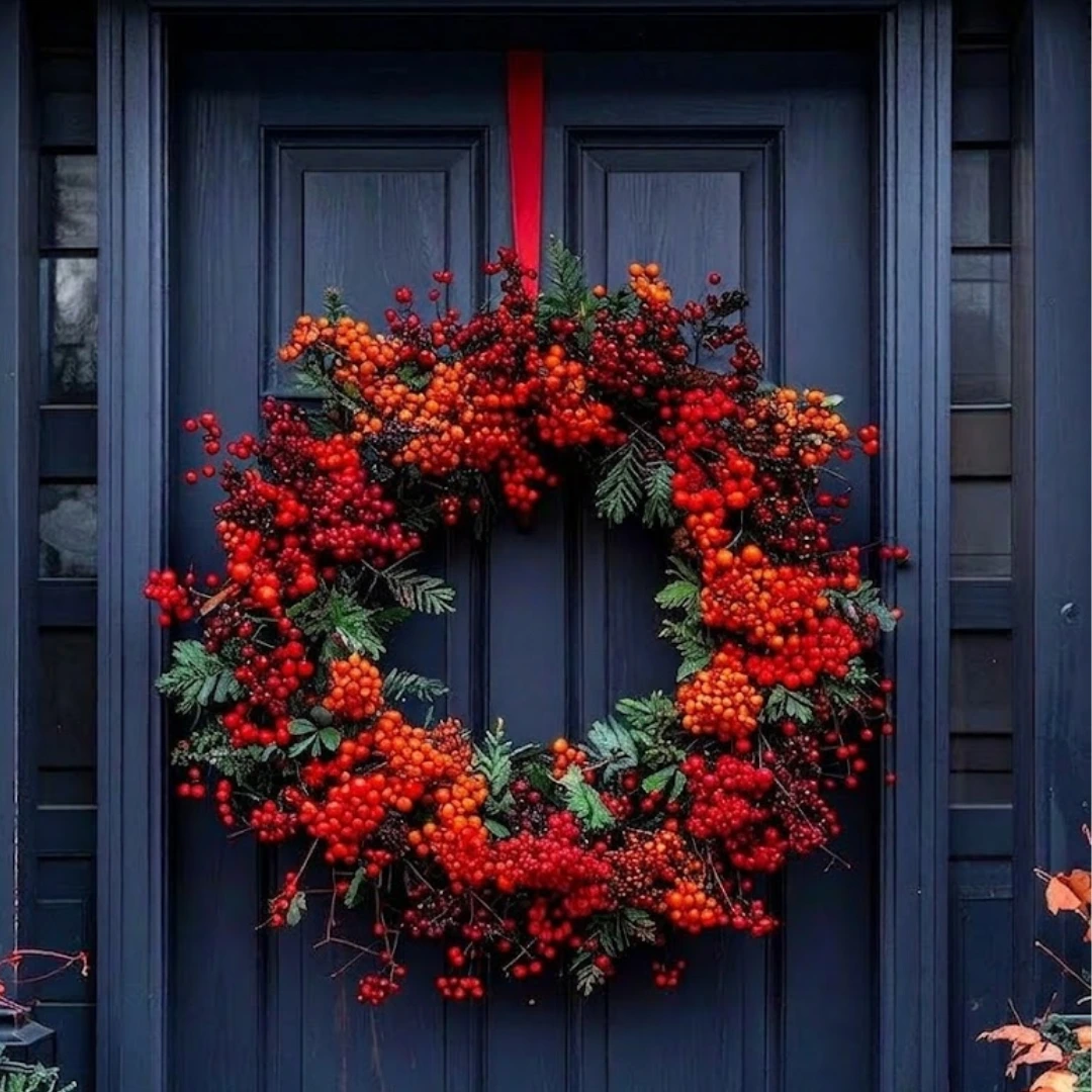 DIY fall wreath covered with red and orange berries, dark greenery, and branching stems, hanging by a red ribbon on a black front door.
