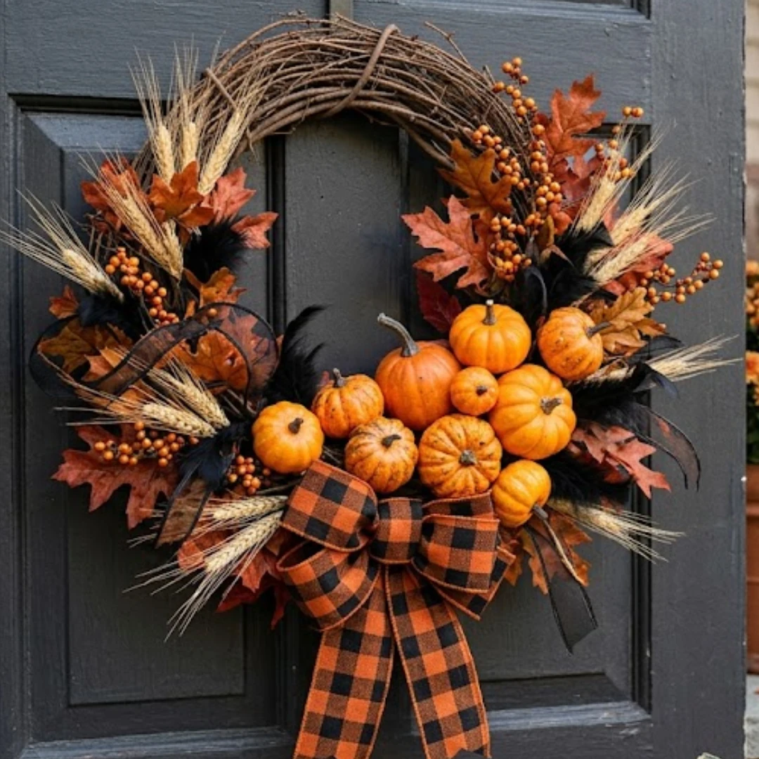 DIY Halloween fall wreath with mini orange pumpkins, autumn leaves, wheat, berries, black feathers, and a buffalo plaid bow.