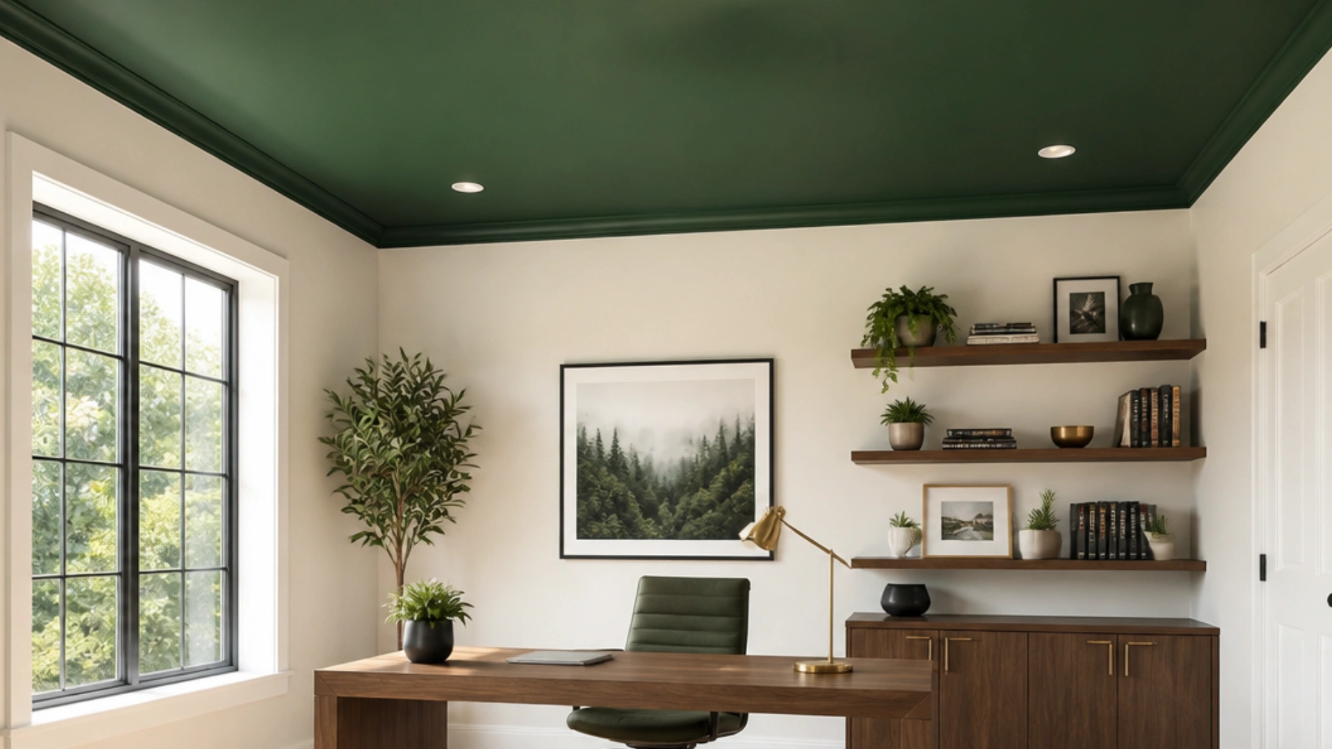 Modern home office with dark green ceiling wooden desk floating shelves plants and large black framed window.