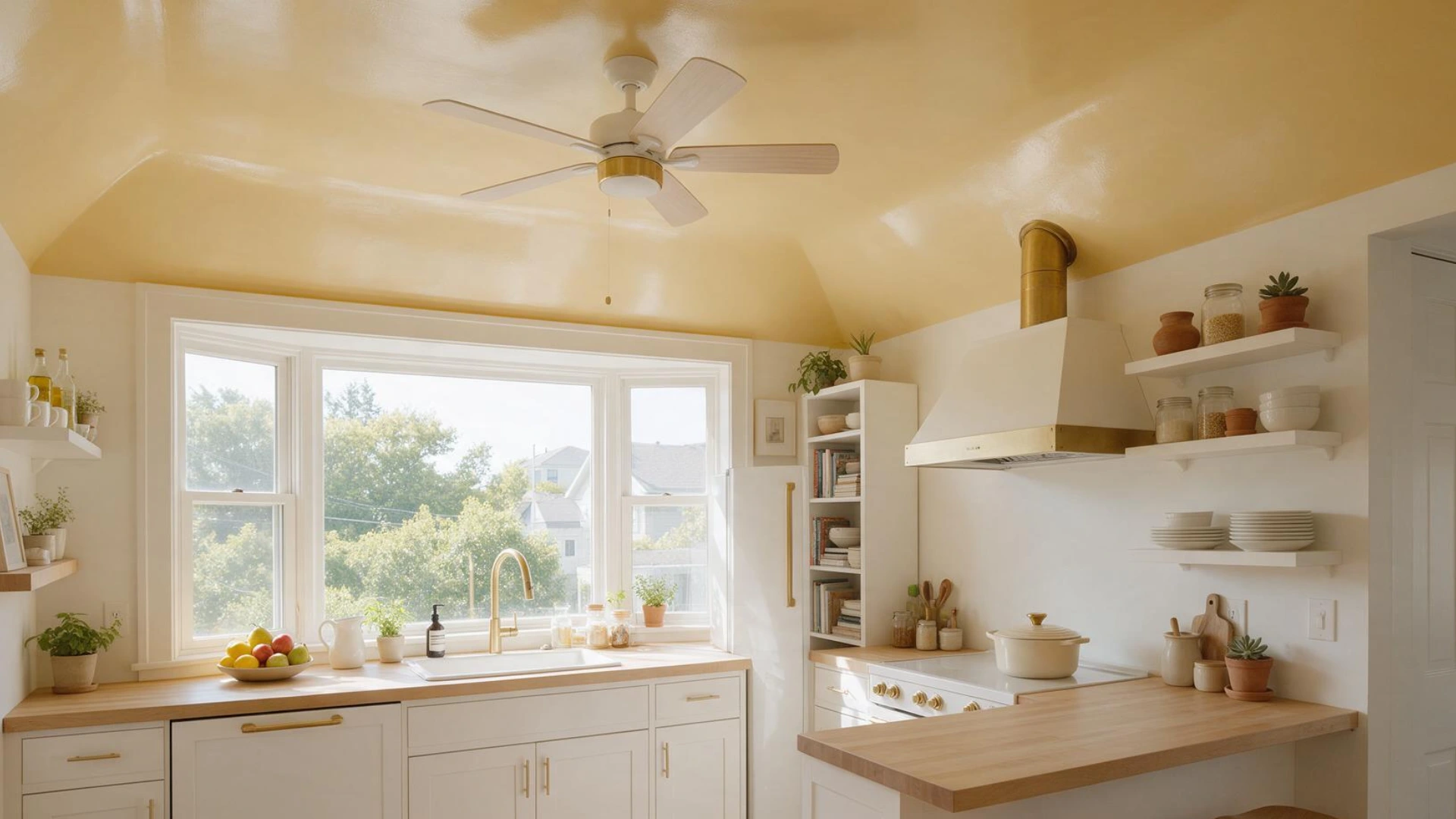 Bright kitchen with glossy yellow ceiling white cabinets wood counters large windows and open shelving.