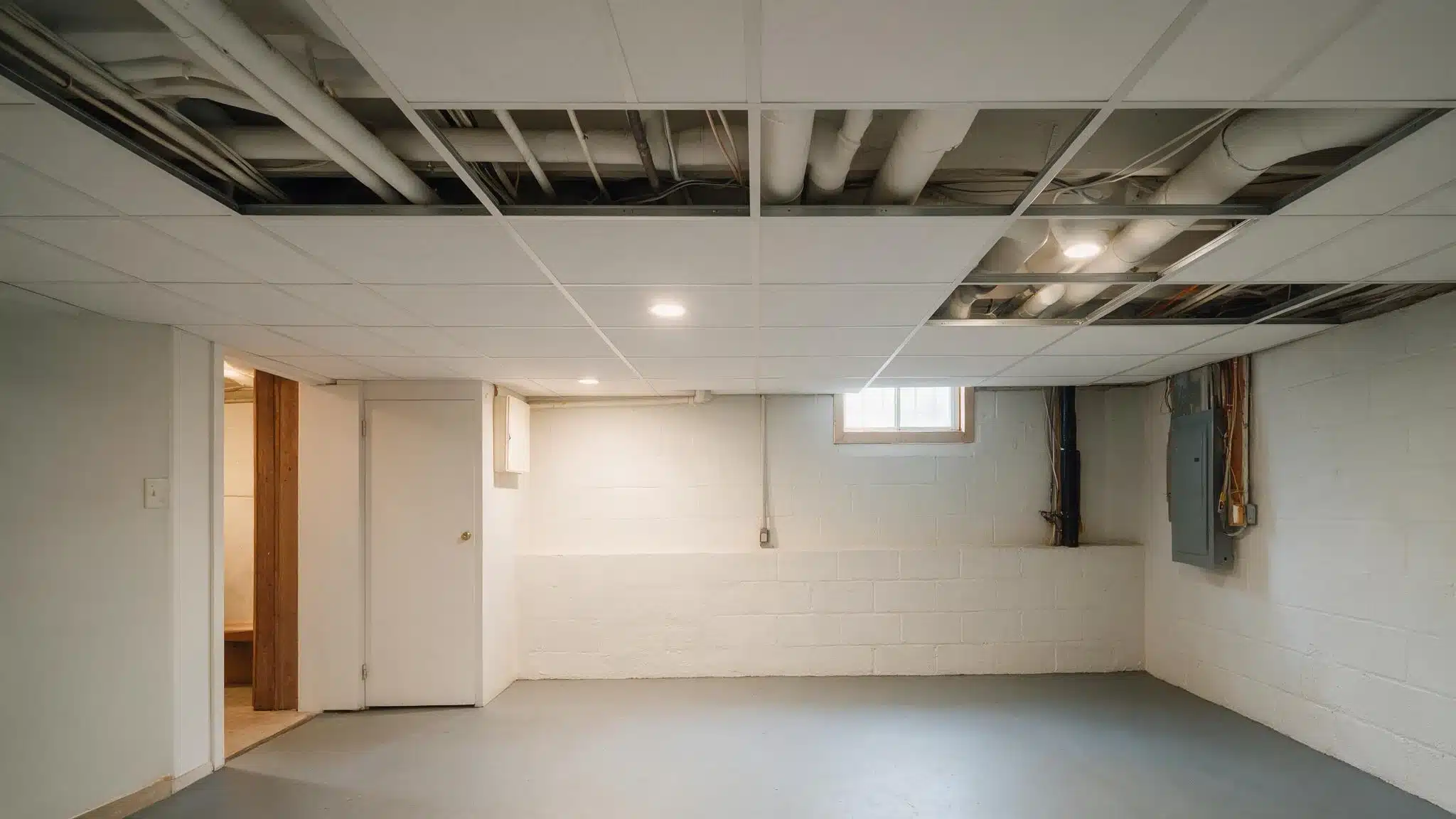 Empty basement room with white block walls, a gray floor, a small window, an electrical panel, and exposed pipes above partially tiled ceiling.