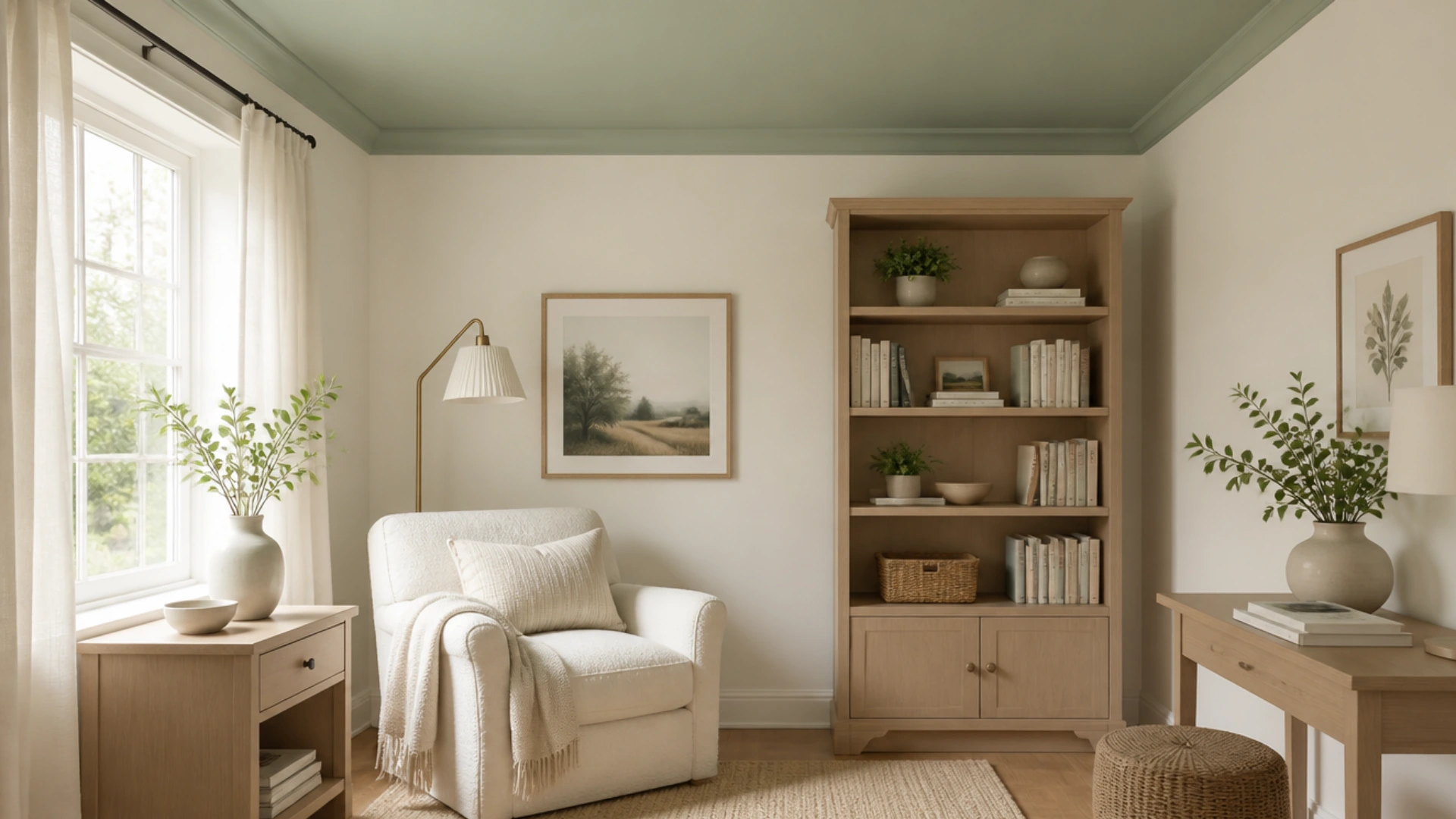 Soft living room with sage green ceiling warm wood furniture cream chair and natural leafy decor.