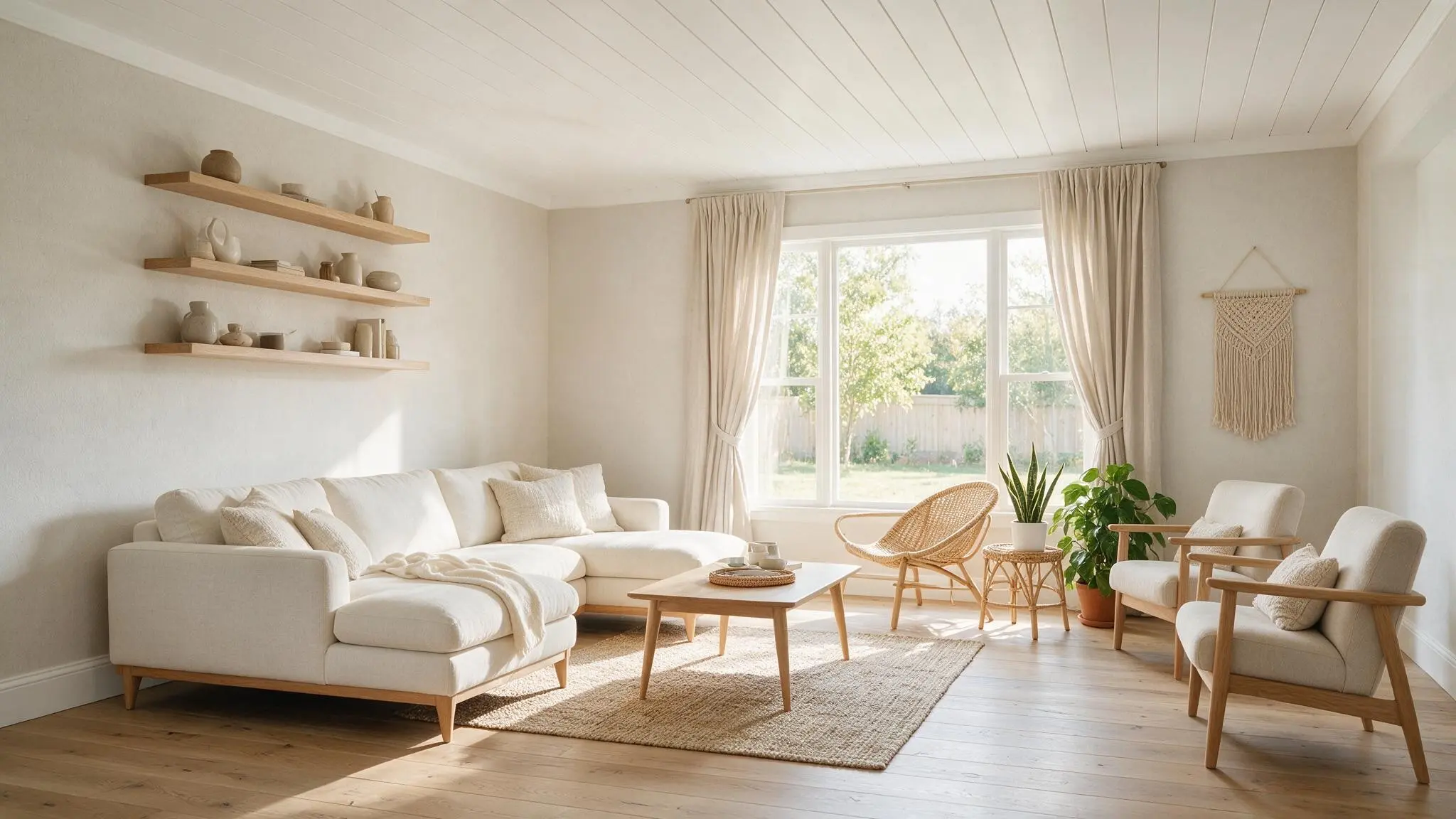 A bright classic living room with a white shiplap ceiling soft neutral walls natural wood flooring and simple comfortable furniture