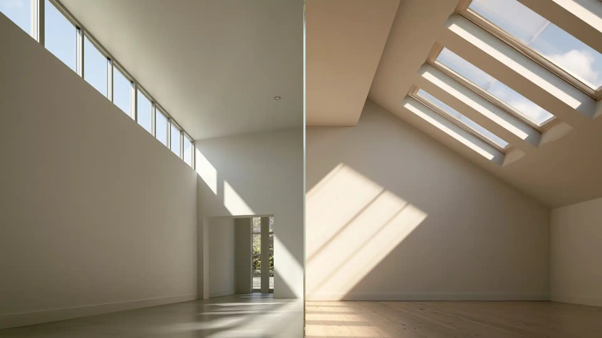 Comparison of and skylights in a room, showcasing natural light and architectural design differences.