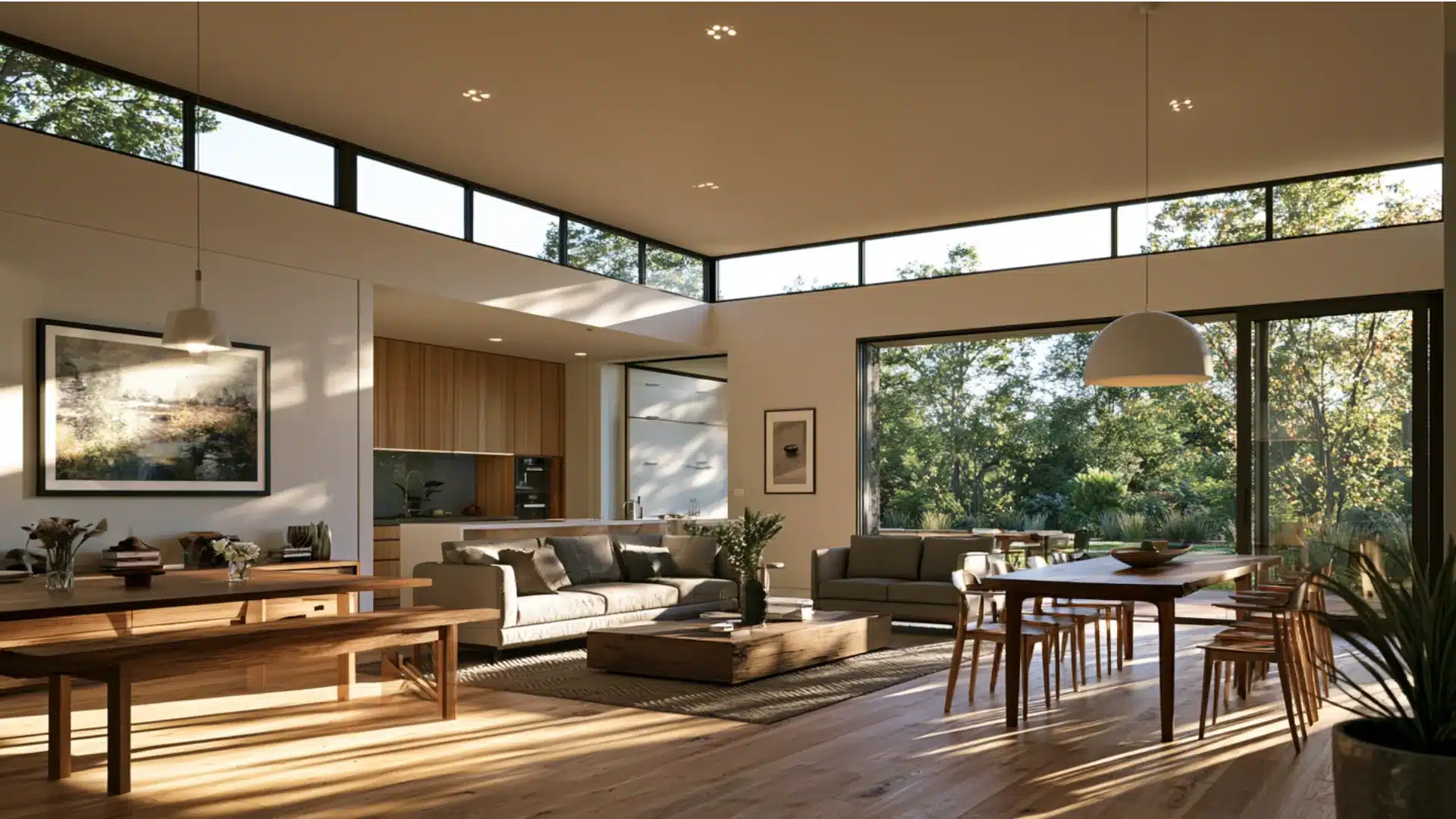 Modern living room featuring clerestory window bands, wood floors, and ample natural light from large windows.