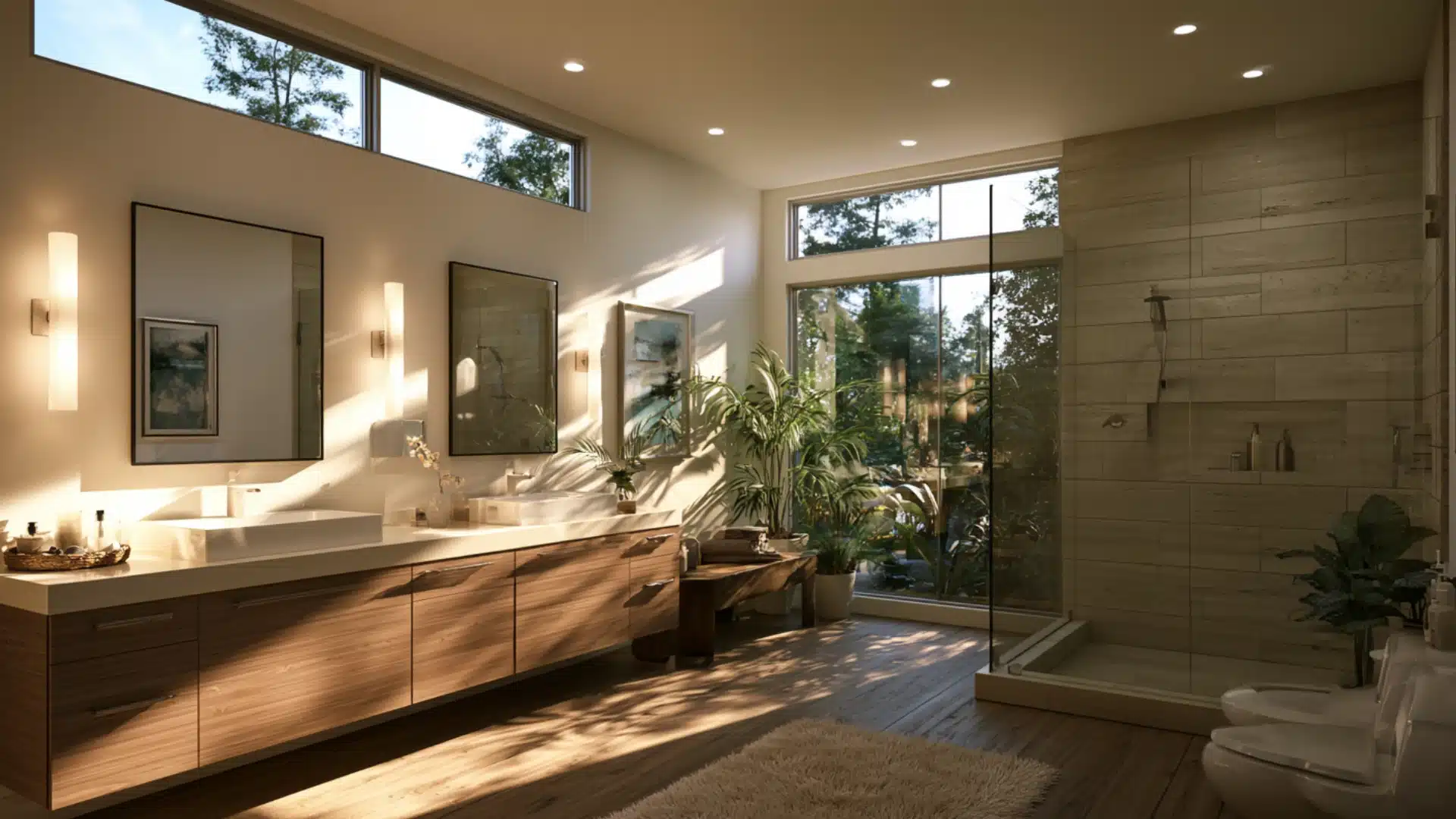 Clerestory windows above a sink in a modern bathroom, providing natural light and enhancing the space's openness.