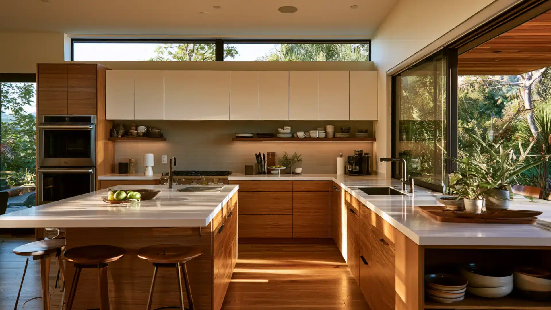 Clerestory windows in a kitchen illuminate the space, featuring wooden floors and a bright, airy atmosphere.