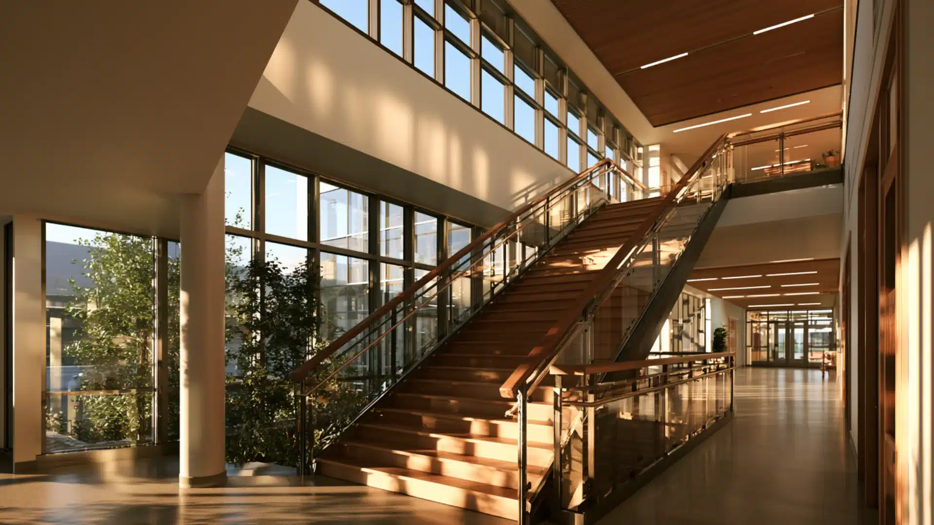 Long hallway featuring wooden stairs and clerestory windows allowing natural light to illuminate the space.