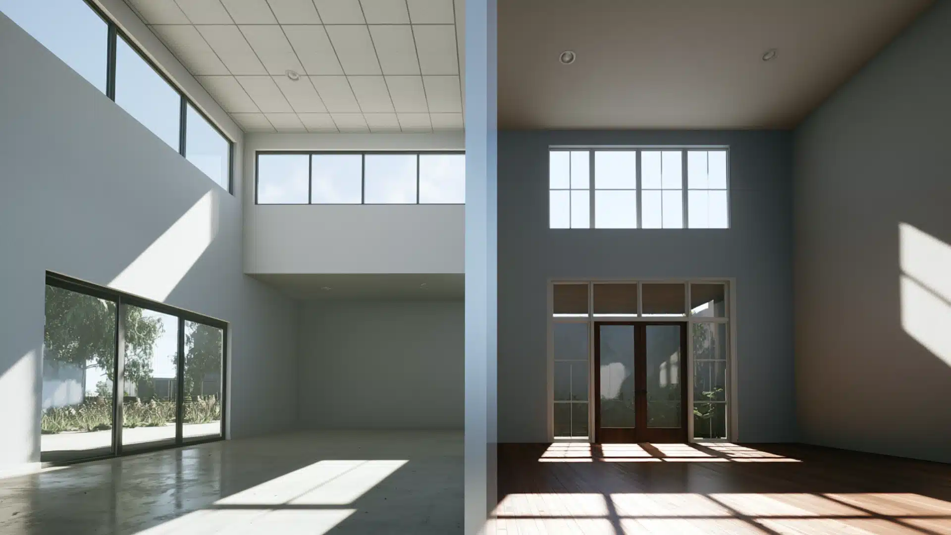Interior view of a large room showcasing and a transom window, illustrating different window styles.