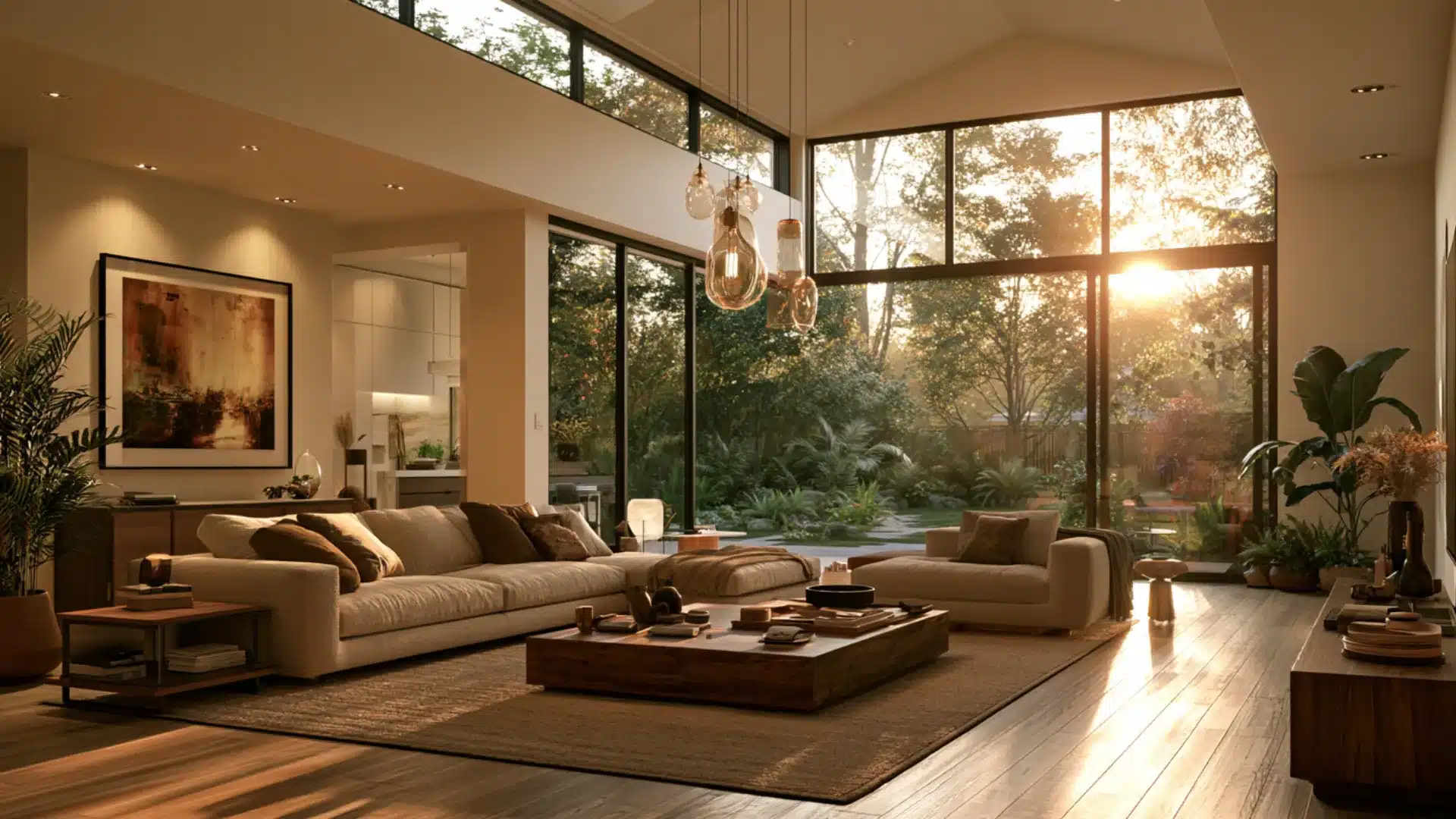 Modern living room with high clerestory windows bringing soft natural light inside the house.
