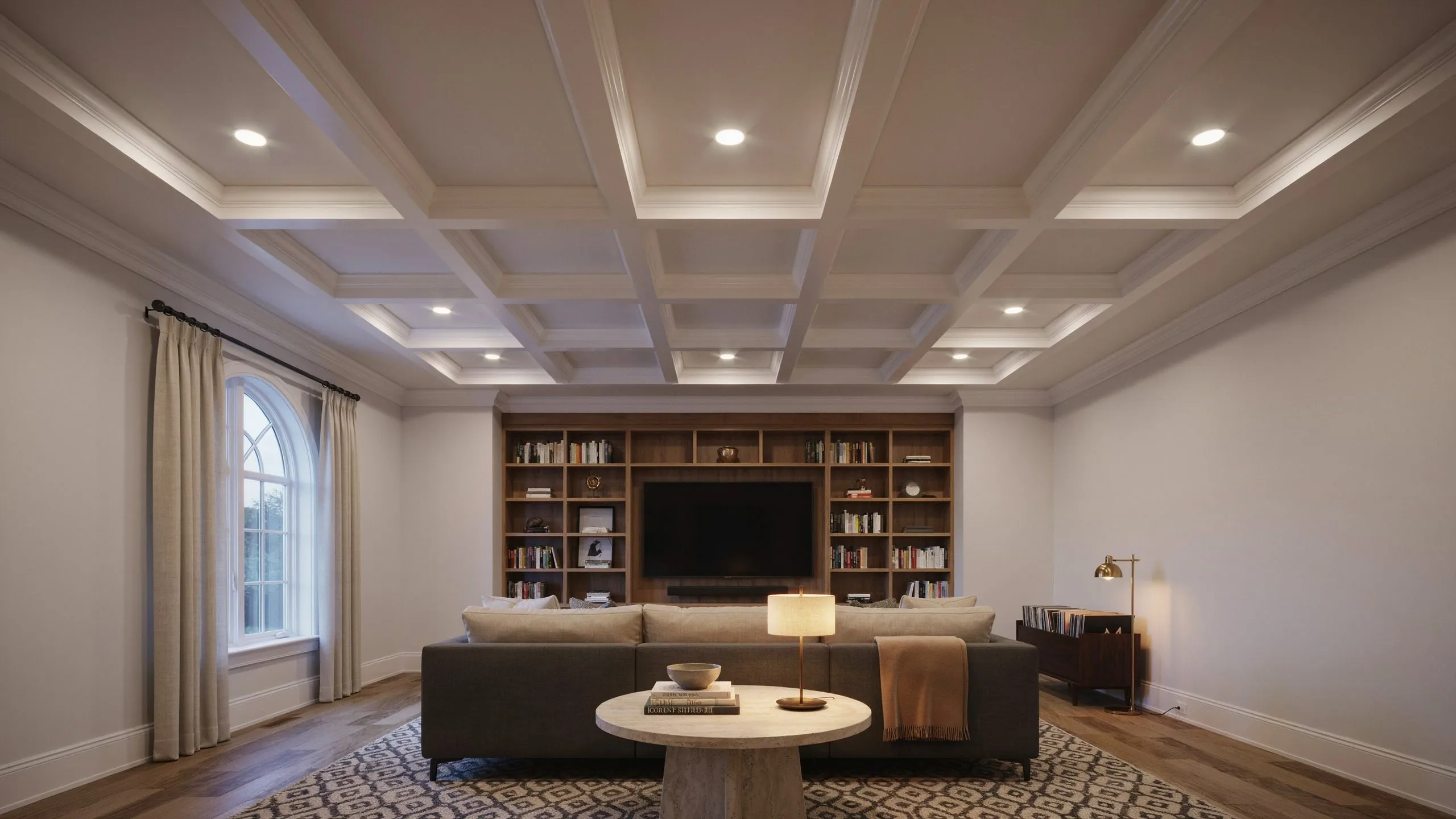 A cozy living room featuring a couch, a coffee table, and bookshelves filled with books.
