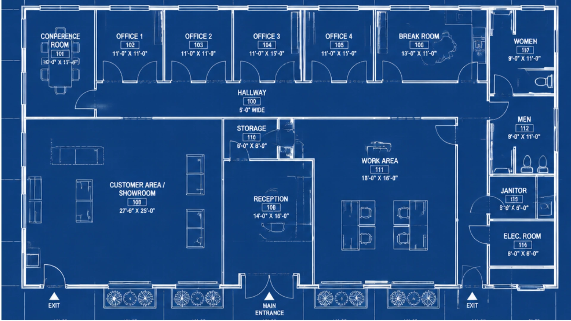 Commercial architectural blueprint showing offices conference room showroom reception work area break room restrooms and storage spaces
