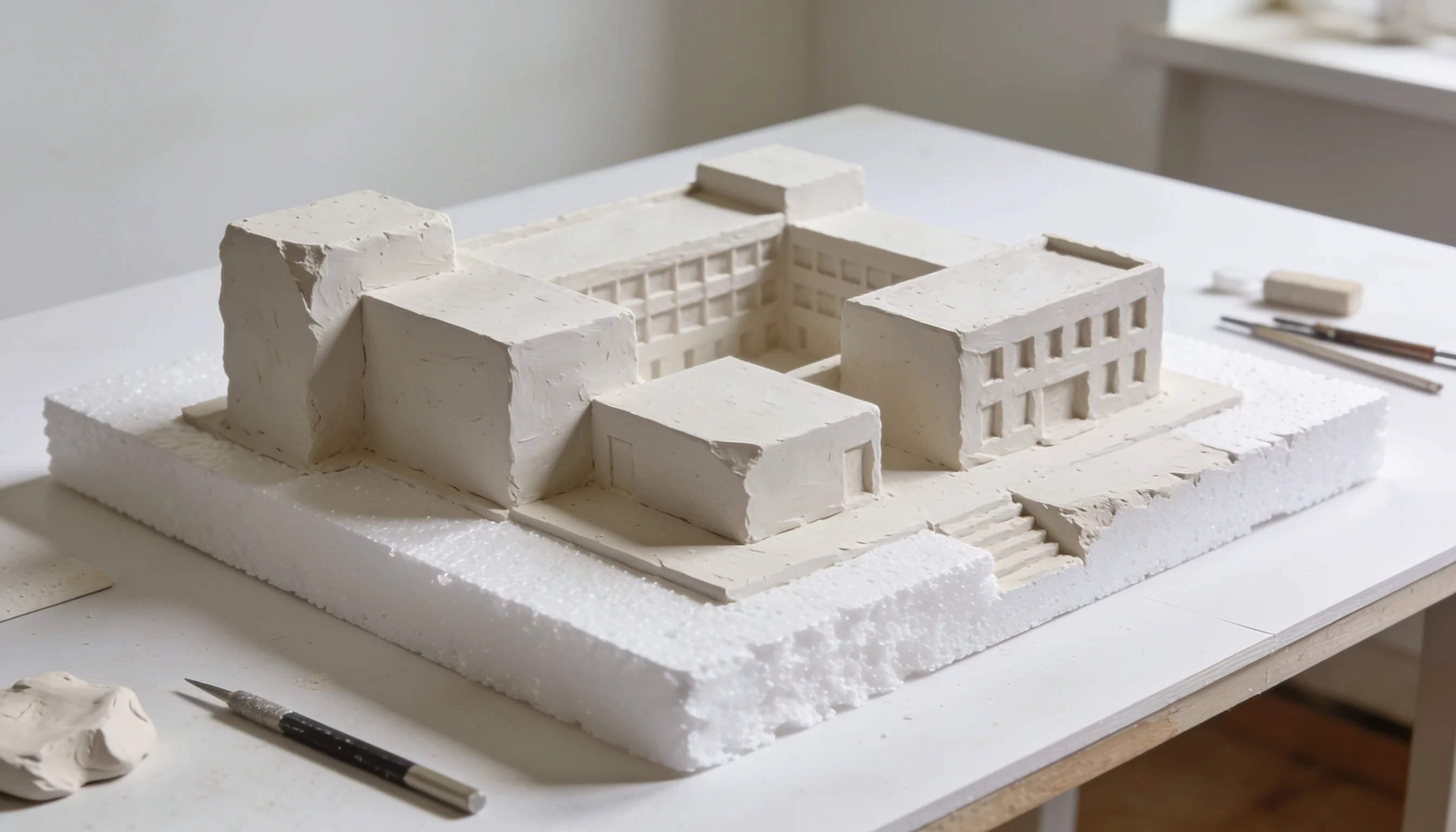 A detailed model of a building displayed on a table, showcasing architectural features and design elements.